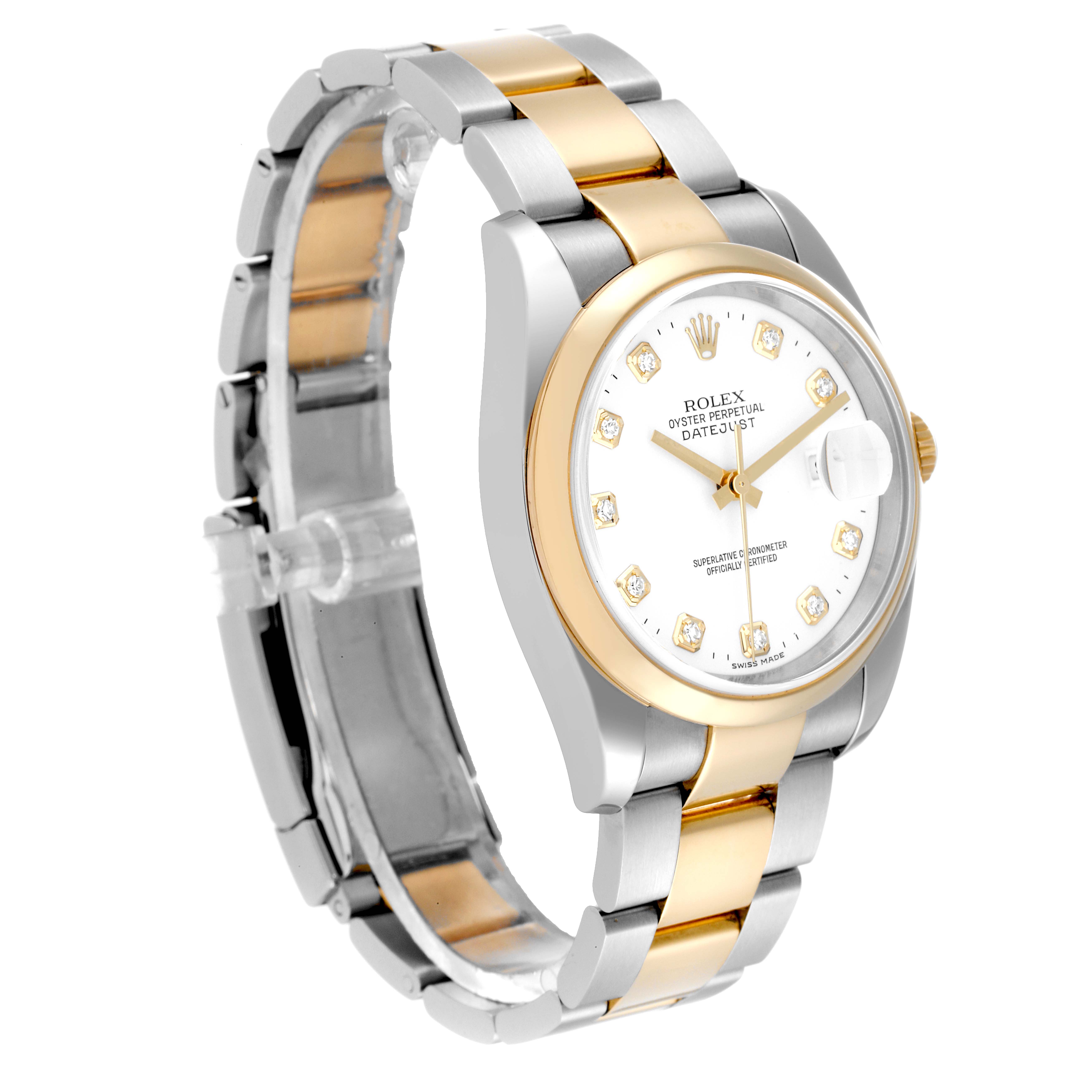 The image shows a Rolex Datejust 116203 Men's Steel and Gold (two tone) White Dial 116203 Men's Steel and Gold (two tone) White Dial watch at a three-quarter angle, highlighting the dial, bezel, case, and bracelet.