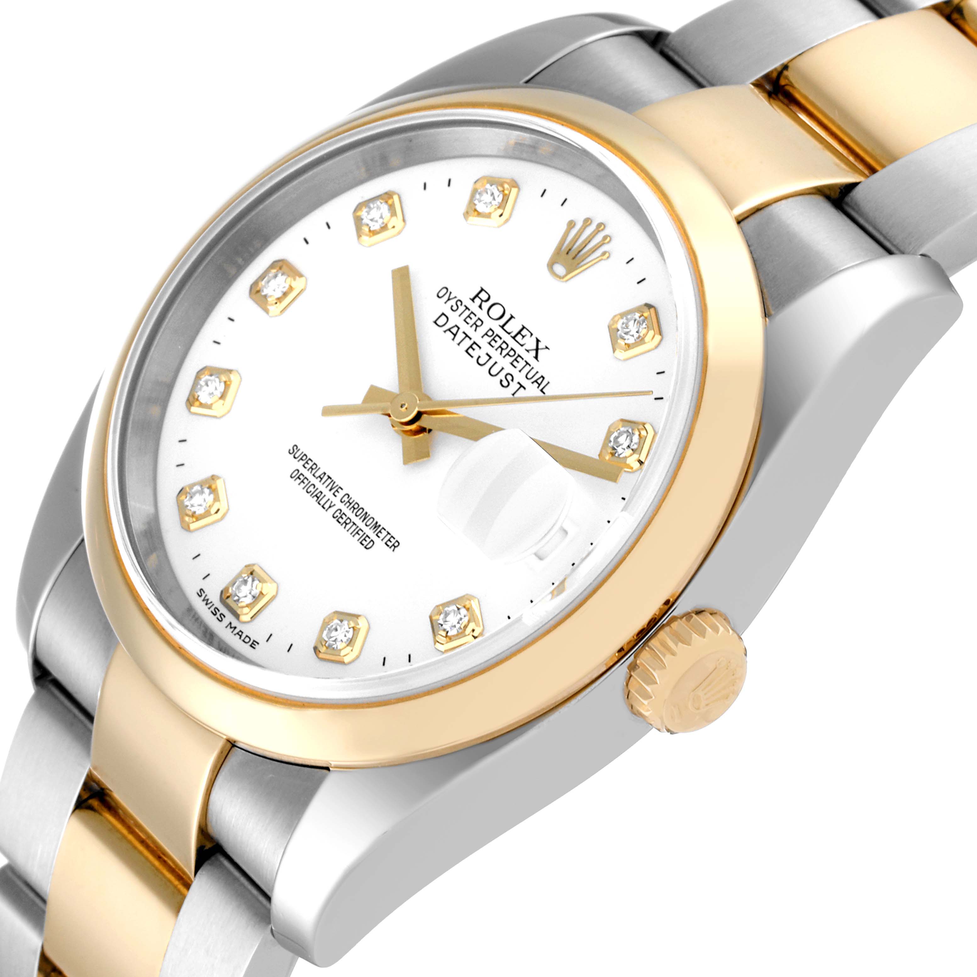 The image shows a Rolex Datejust 116203 Men's Steel and Gold (two tone) White Dial 116203 Men's Steel and Gold (two tone) White Dial watch at a slight angle, highlighting the dial, crown, and part of the bracelet.