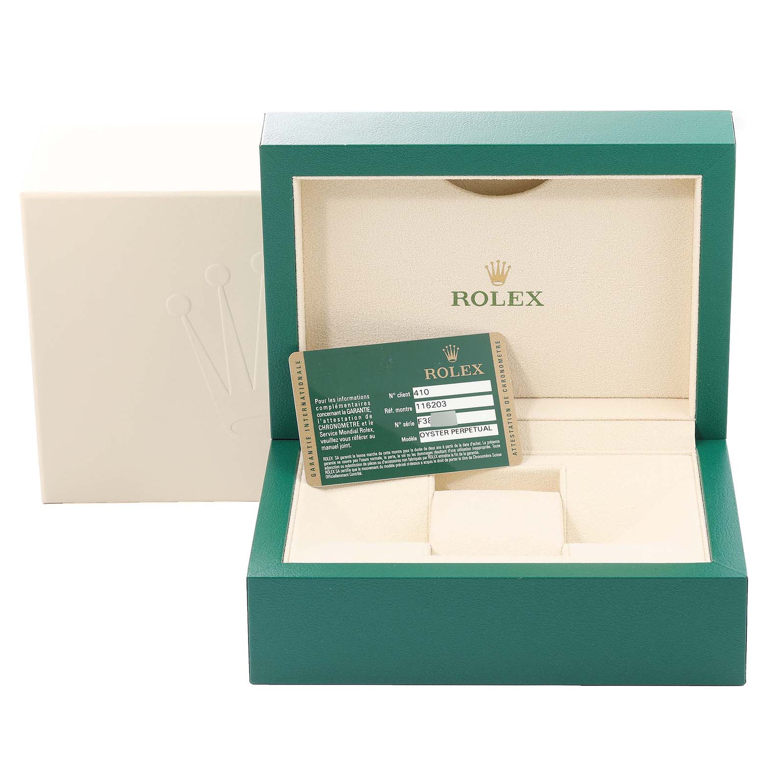 Rolex Datejust 116203 Men's Steel and Gold (two tone) White Dial 116203 Men's Steel and Gold (two tone) White Dial watch box at an angled view, highlighting the open box with a warranty card displayed inside.