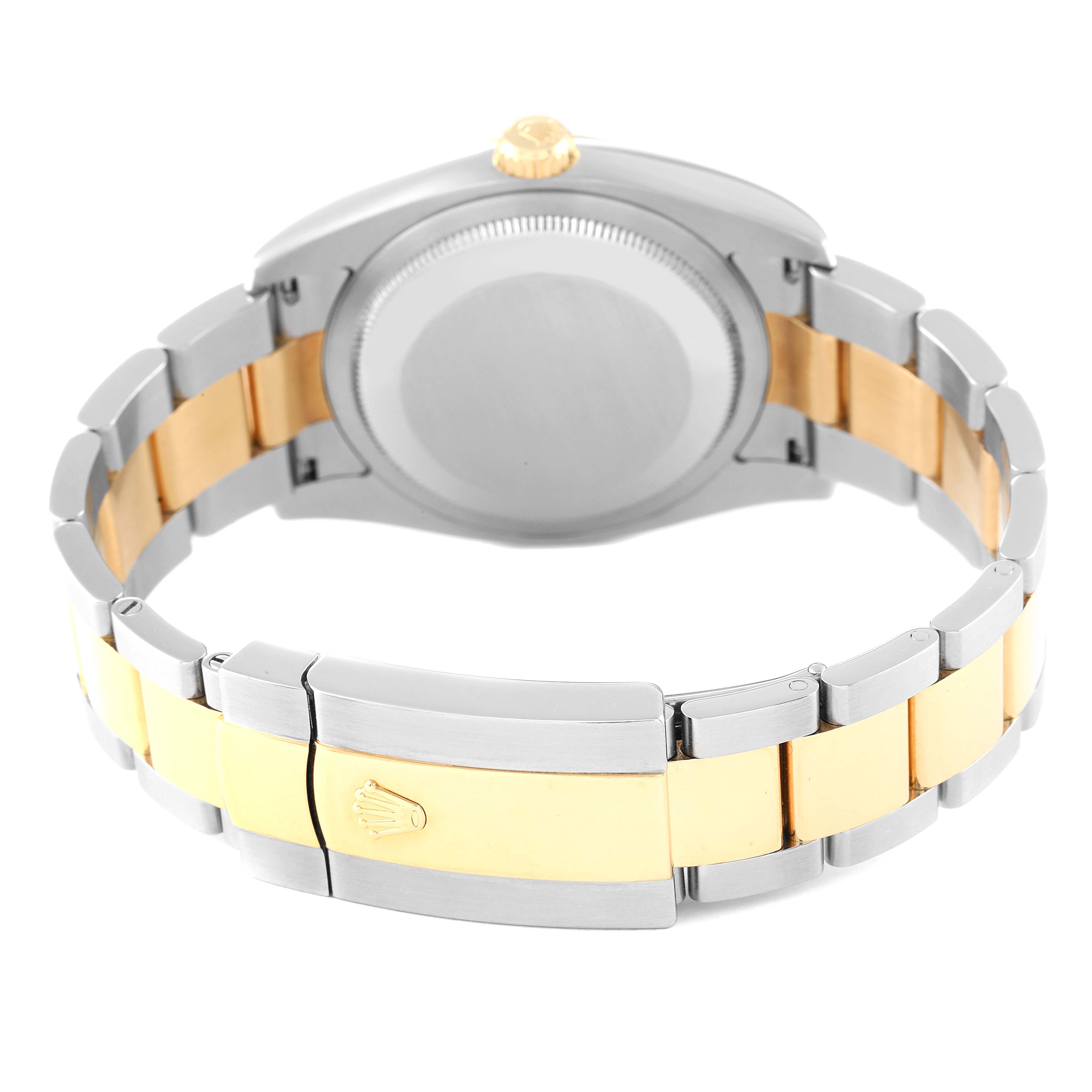 This image shows the back and clasp of a Rolex Datejust 116203 Men's Steel and Gold (two tone) White Dial 116203 Men's Steel and Gold (two tone) White Dial watch, highlighting the two-tone bracelet and crown.