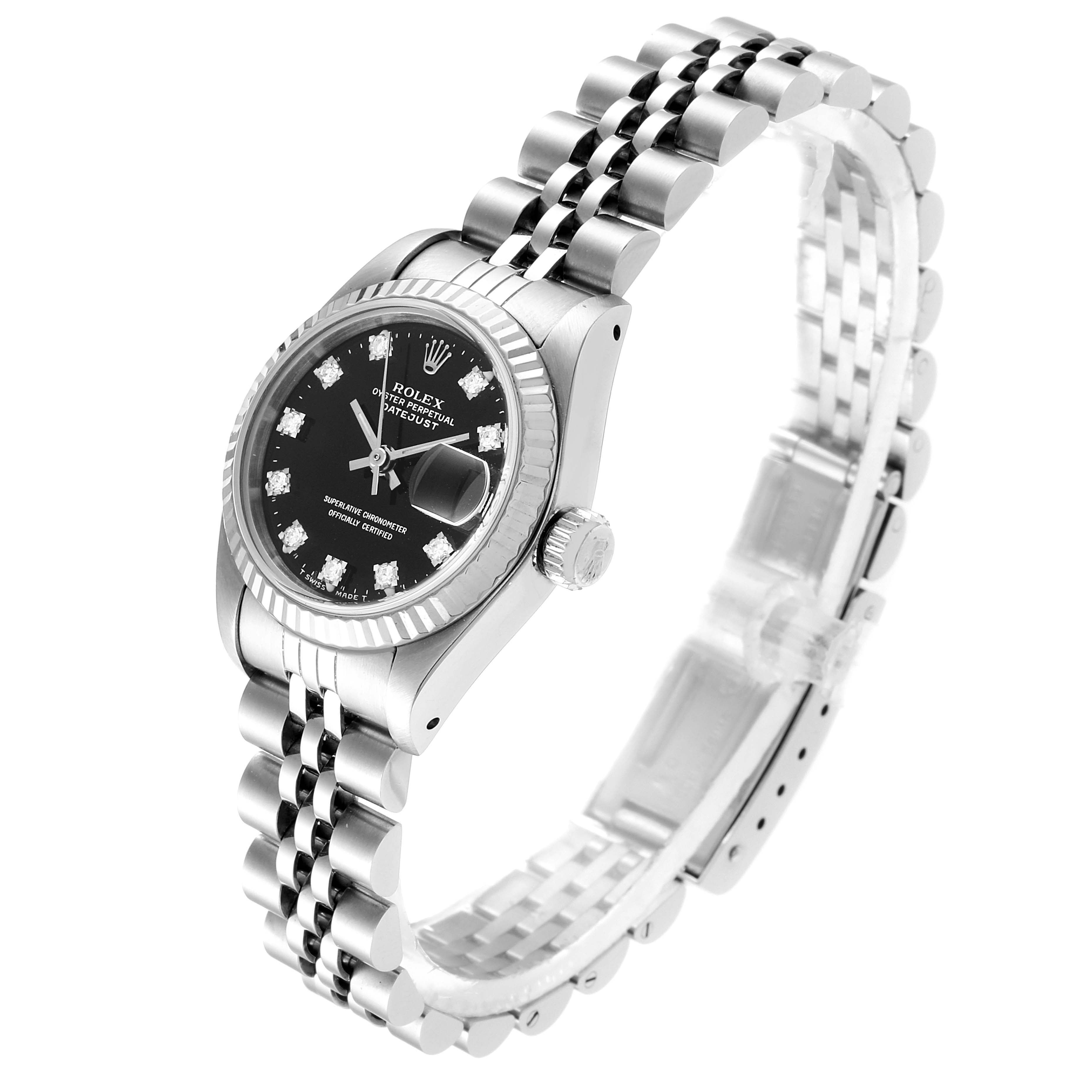 The Rolex Datejust 69174 Women's Stainless Steel Black Dial 69174 Women's Stainless Steel Black Dial watch is shown from a three-quarter view, displaying its face, bezel, crown, and bracelet.