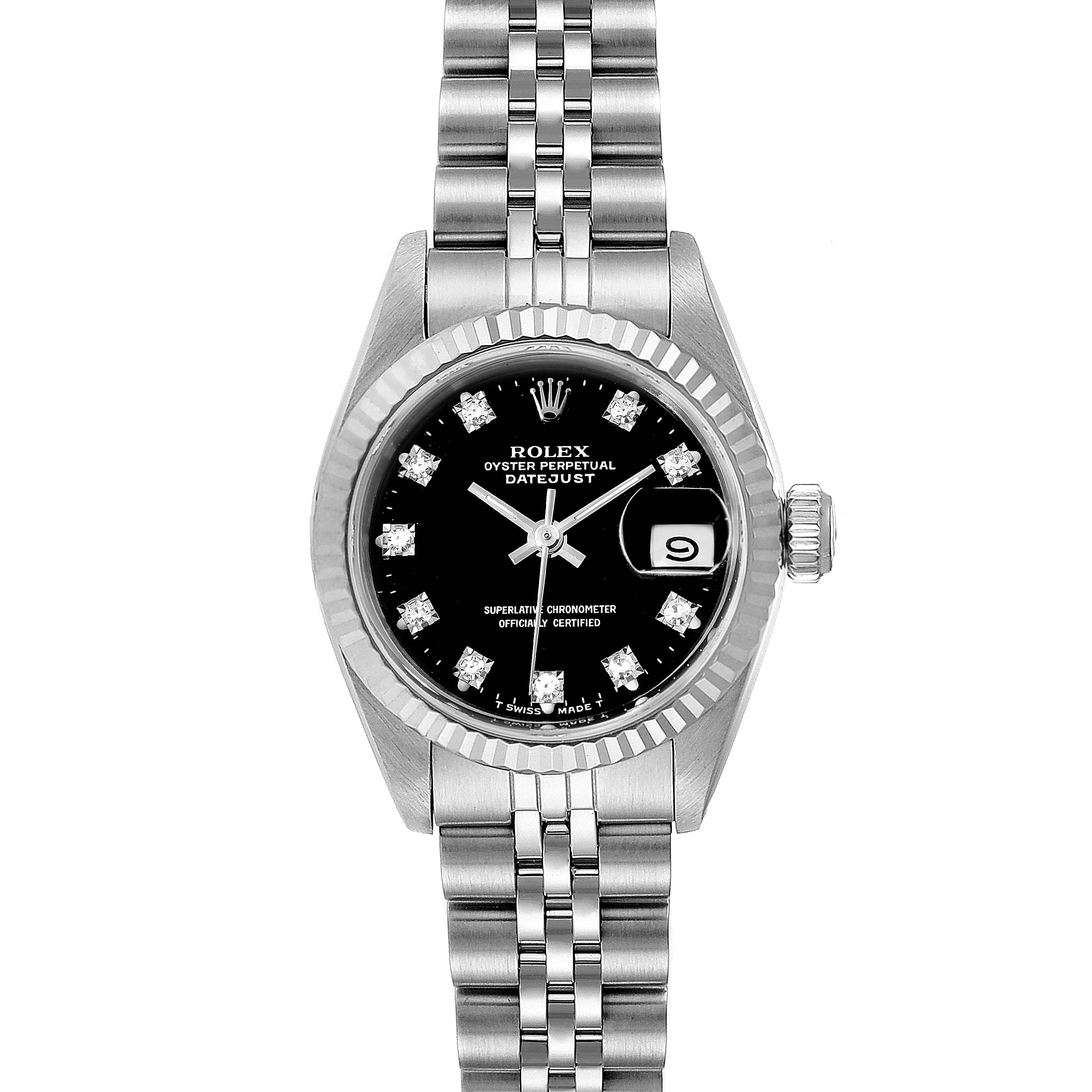 This image shows a frontal view of a Rolex Datejust 69174 Women's Stainless Steel Black Dial 69174 Women's Stainless Steel Black Dial watch, displaying its black dial, date window, and Jubilee bracelet.