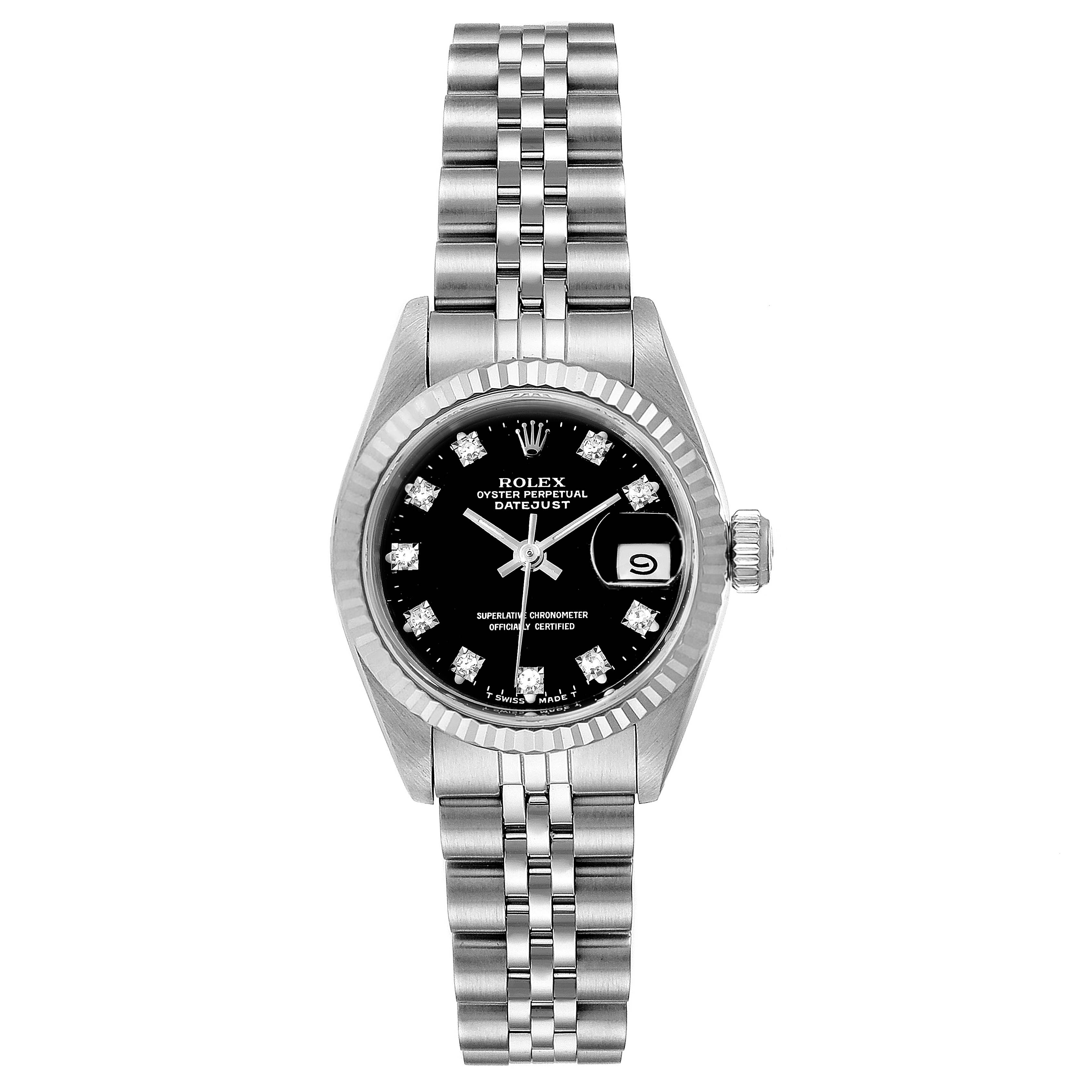 This image shows a Rolex Datejust 69174 Women's Stainless Steel Black Dial 69174 Women's Stainless Steel Black Dial watch from a straight-on angle, highlighting the face, bezel, and bracelet.