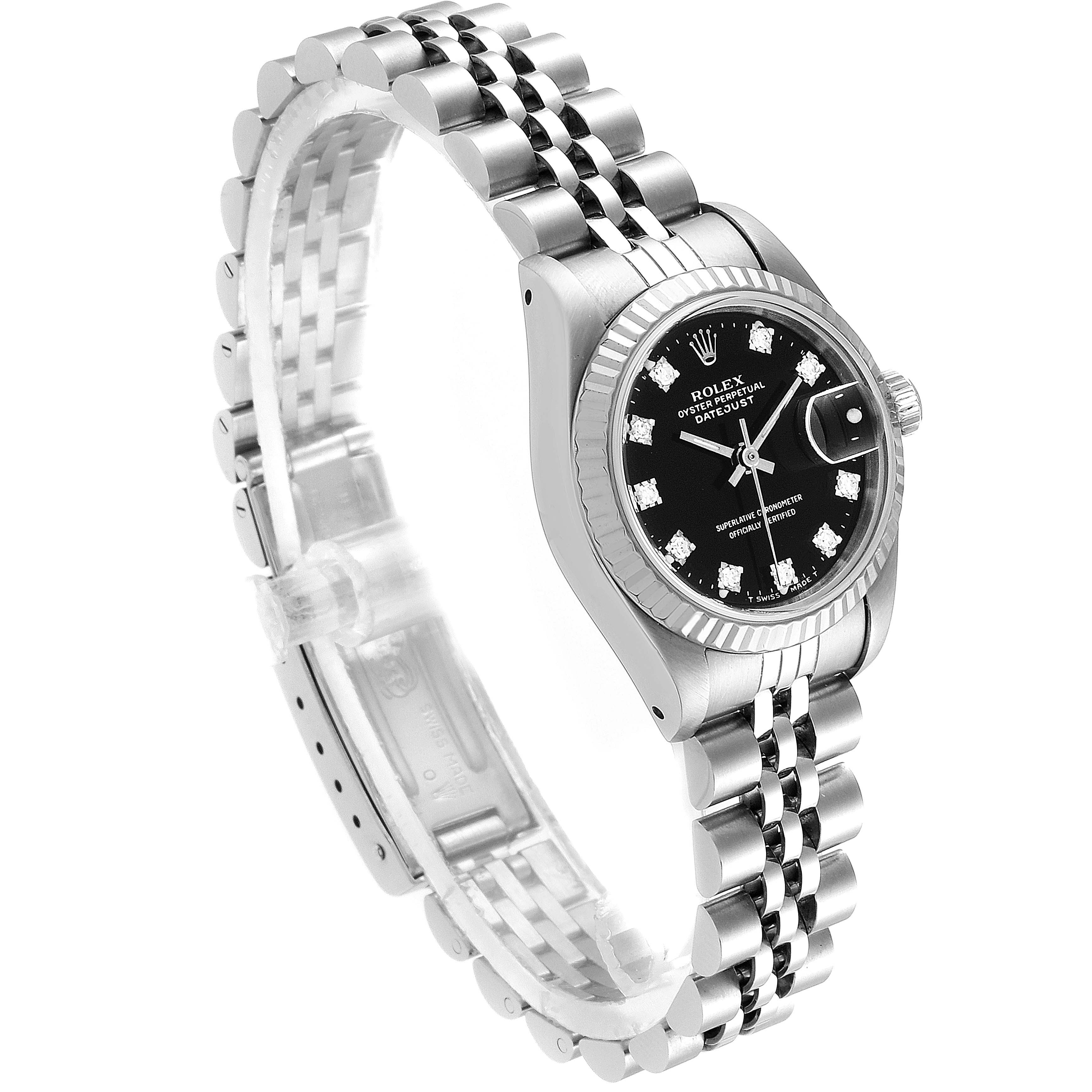 The Rolex Datejust 69174 Women's Stainless Steel Black Dial 69174 Women's Stainless Steel Black Dial watch is shown at a slight angle, displaying its face, bezel, and the Jubilee bracelet.