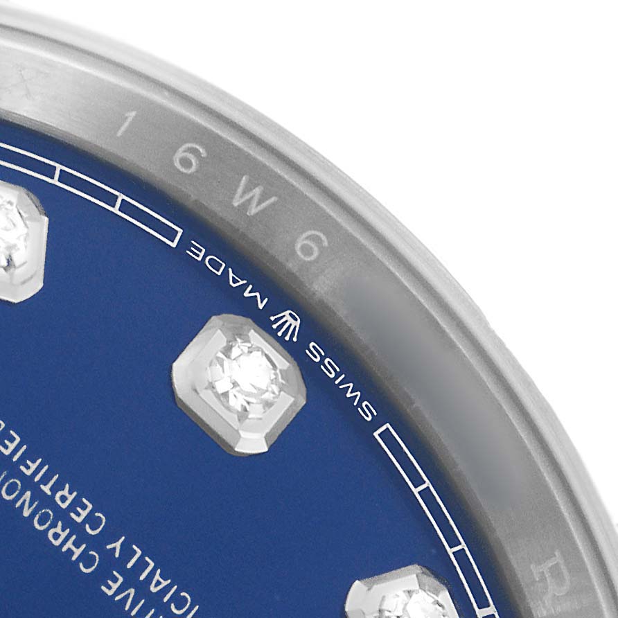 The image shows a close-up of the Rolex Datejust 126234 Men's Stainless Steel Blue Dial watch face, highlighting the bezel, blue dial, and diamond hour markers.