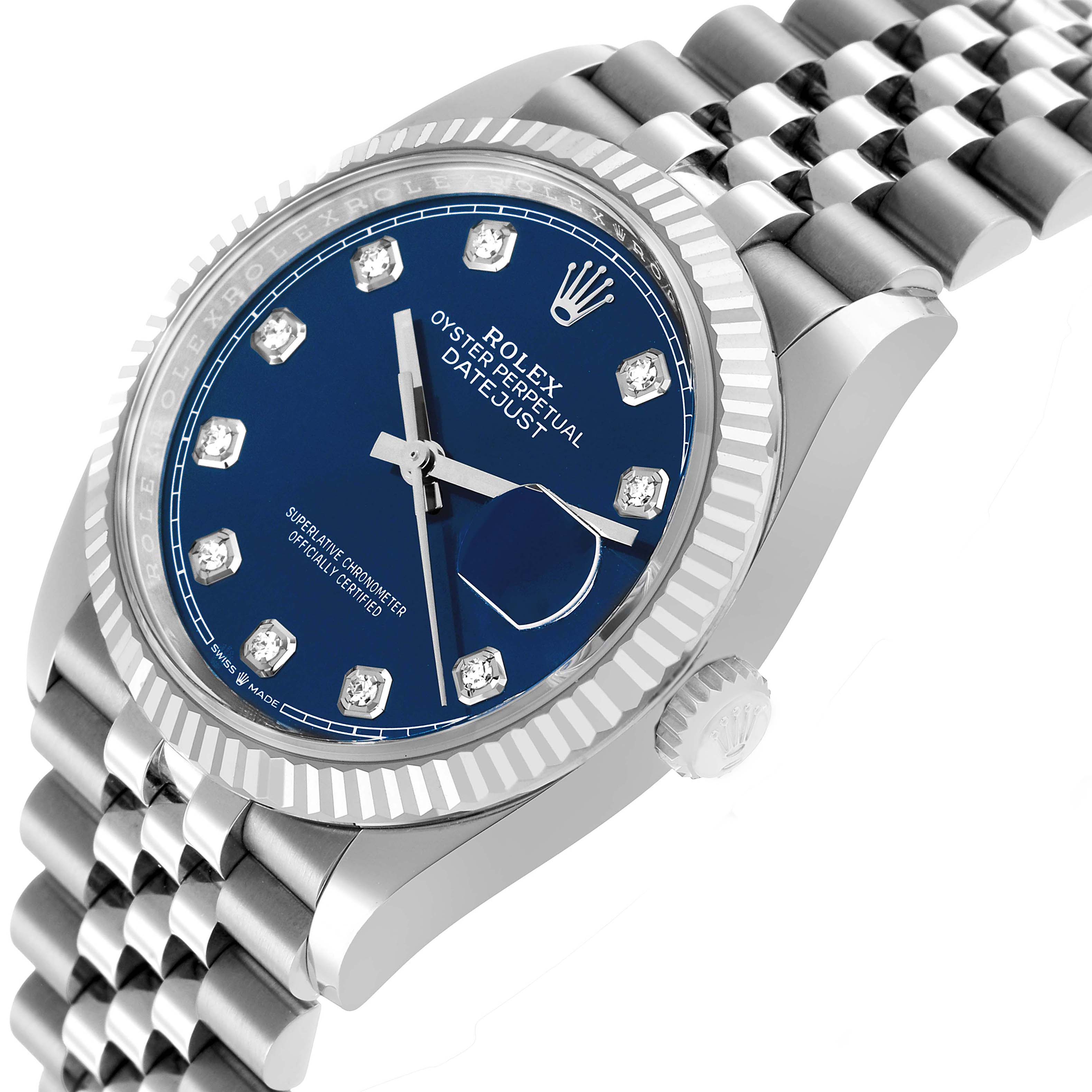The Rolex Datejust 126234 Men's Stainless Steel Blue Dial watch is shown at an angled view, highlighting the blue dial, markers, fluted bezel, and Jubilee bracelet.