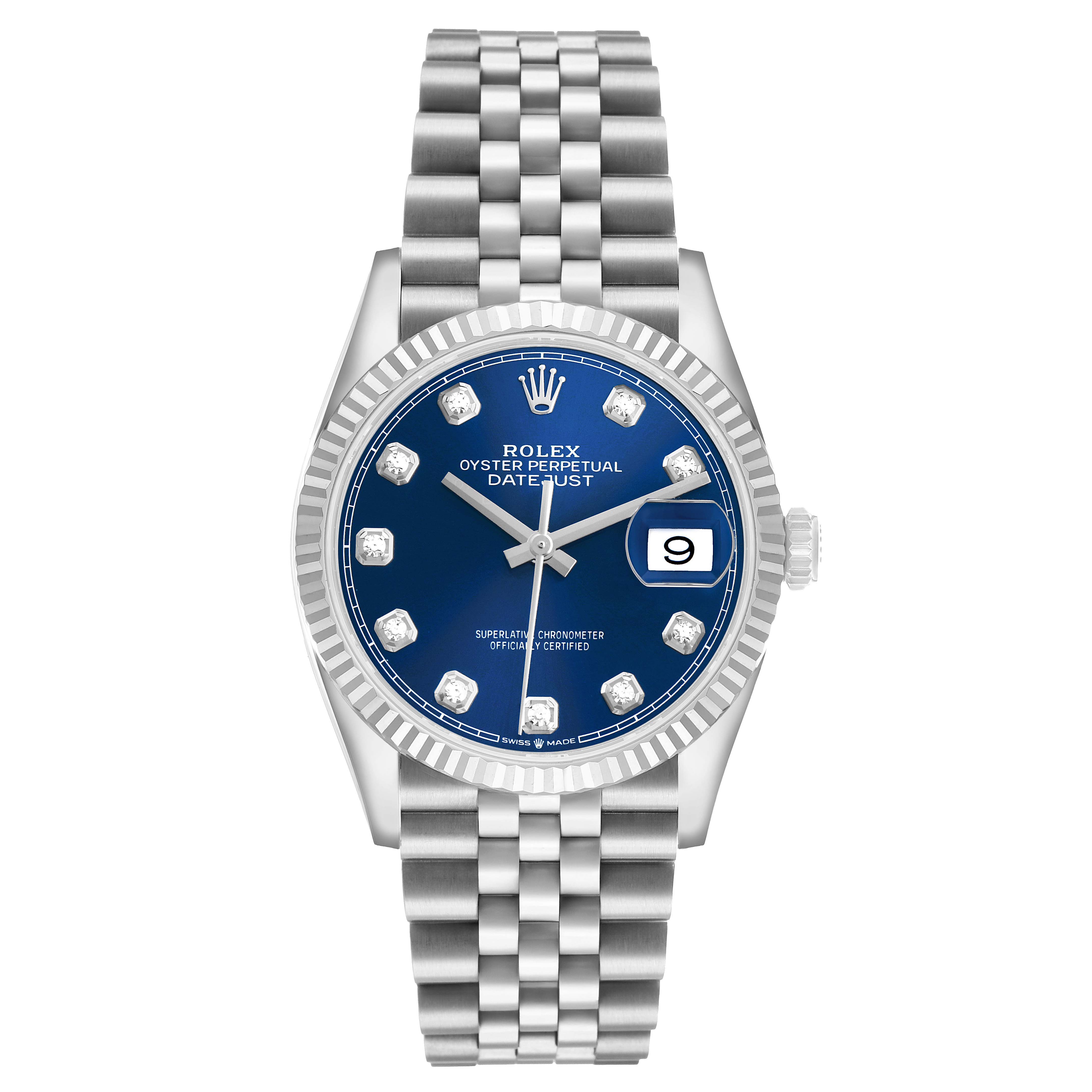 The Rolex Datejust 126234 Men's Stainless Steel Blue Dial watch is shown from a top view, displaying its blue dial, fluted bezel, and Jubilee bracelet.