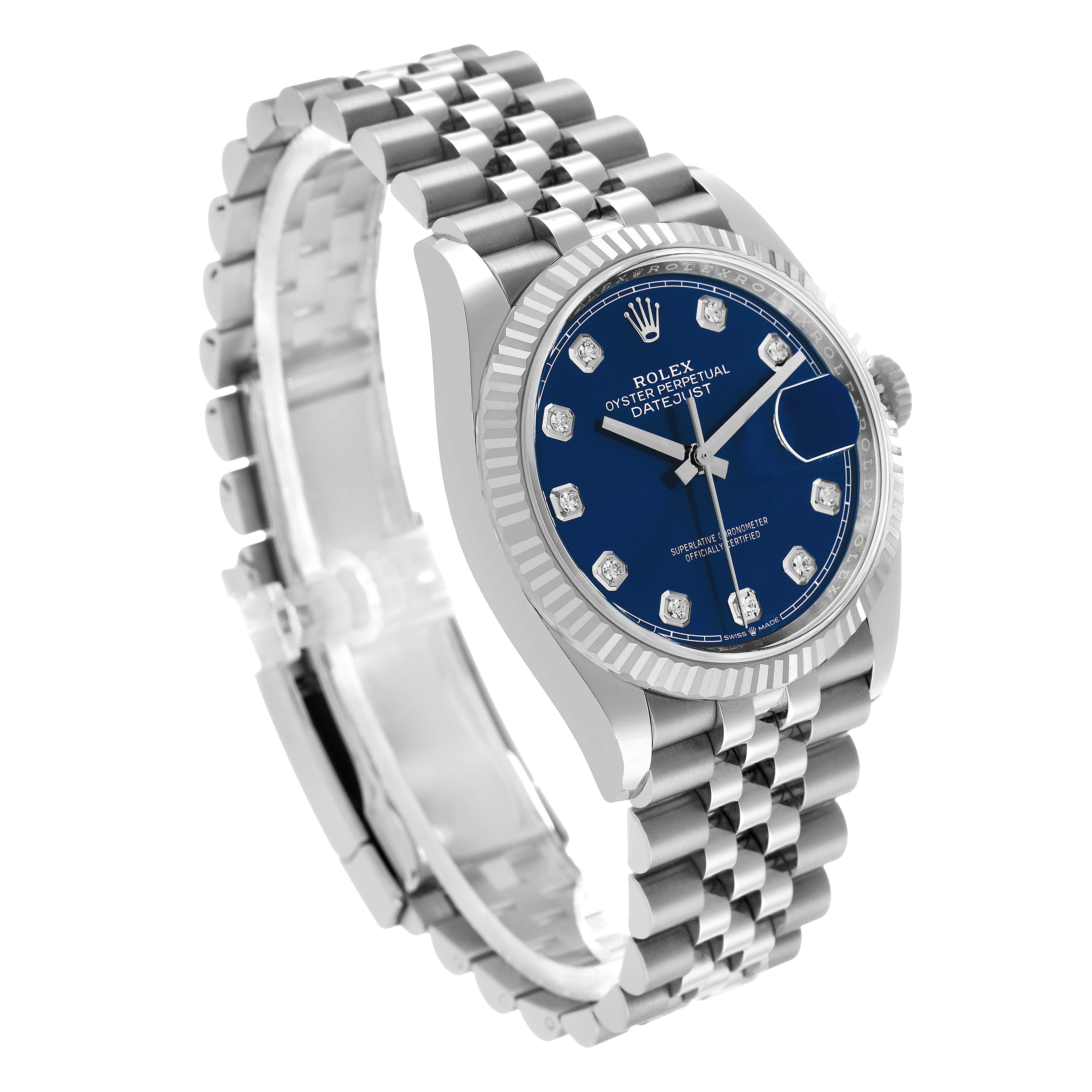 This Rolex Datejust 126234 Men's Stainless Steel Blue Dial watch is shown at a three-quarter angle, highlighting the blue dial, fluted bezel, and Jubilee bracelet.