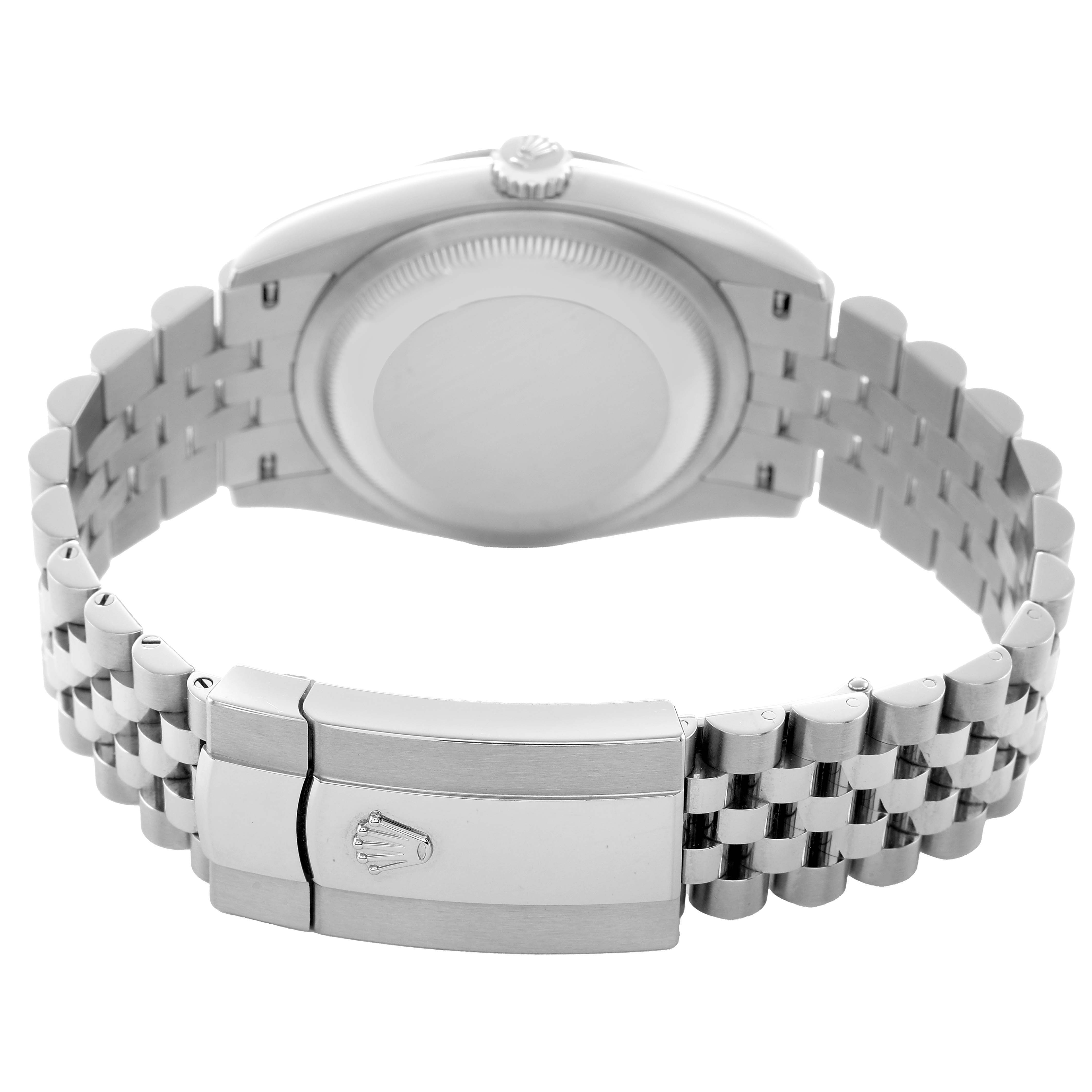 The image shows the back view of a Rolex Datejust 126234 Men's Stainless Steel Blue Dial watch featuring the clasp and part of the bracelet.