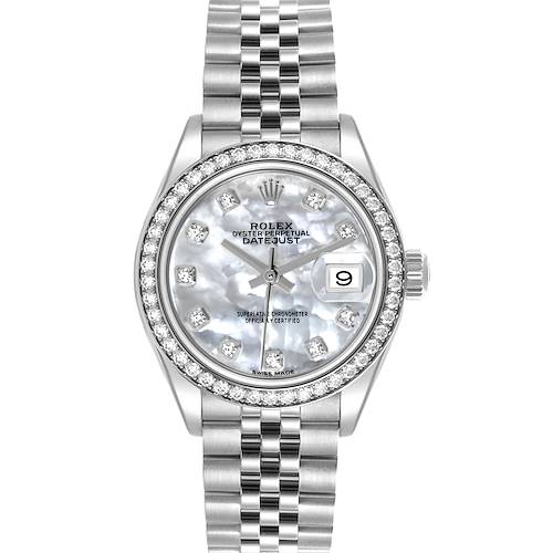 The Rolex Datejust watch is shown from a top view, highlighting its dial, bezel, and bracelet.