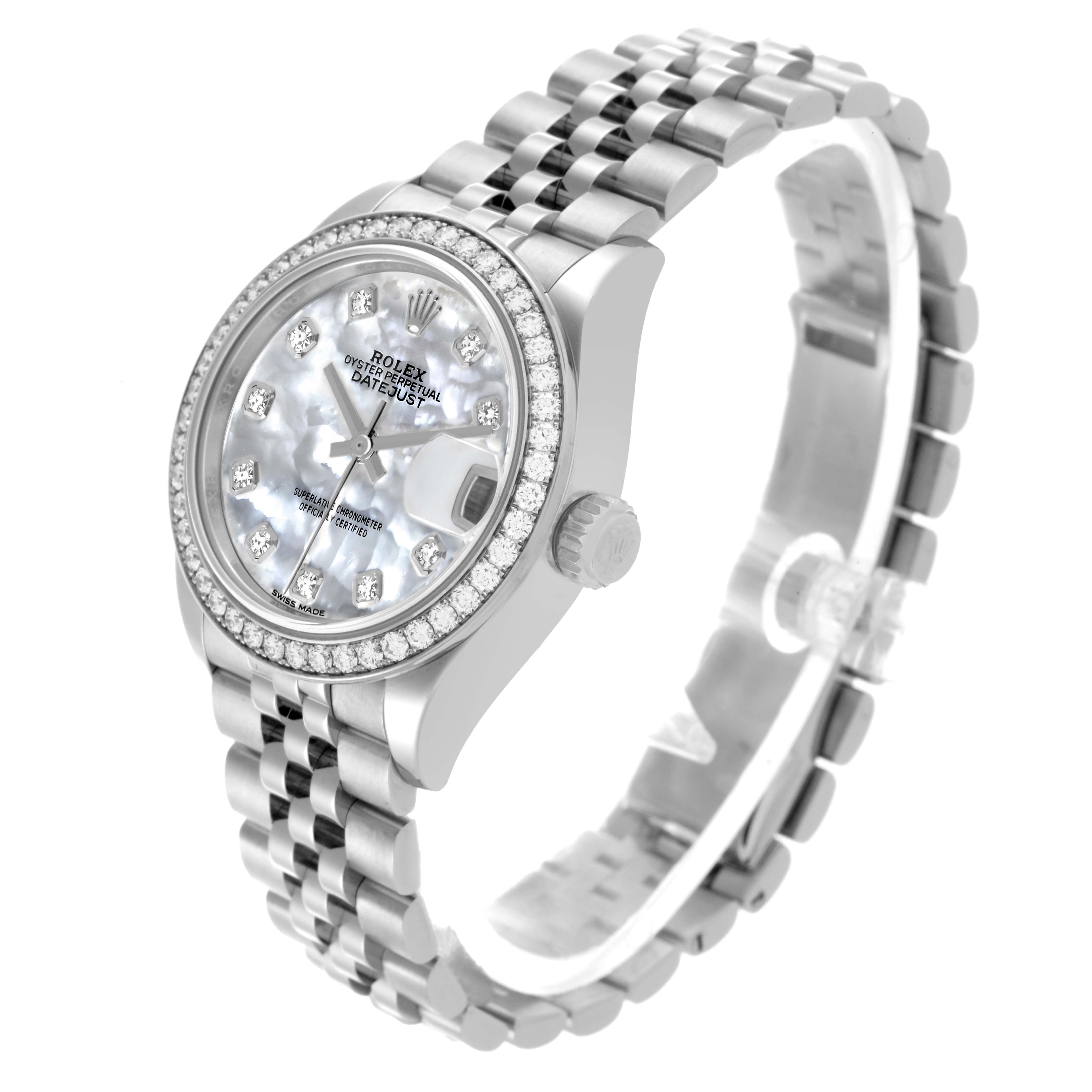 The Rolex Datejust 279384RBR Women's Stainless Steel Mother of Pearl Dial 279384RBR Women's Stainless Steel Mother of Pearl Dial watch is shown at a three-quarter angle, highlighting the face, bezel, crown, and bracelet.