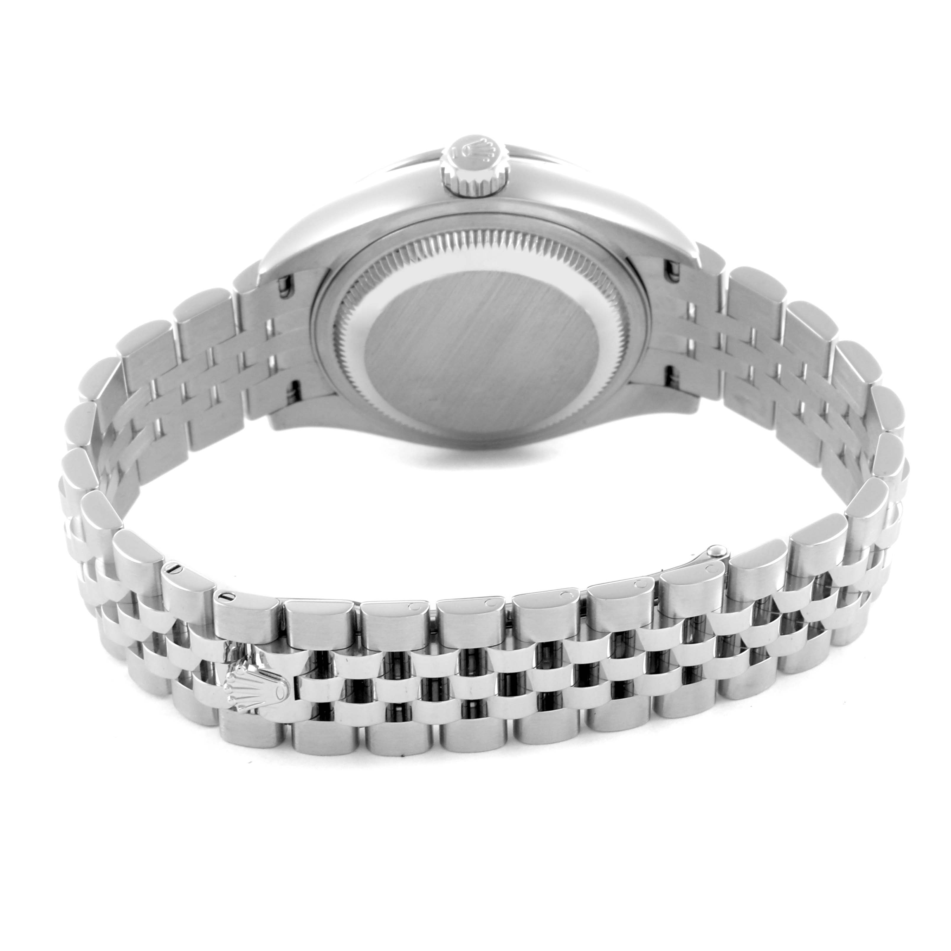 The Rolex Datejust 279384RBR Women's Stainless Steel Mother of Pearl Dial 279384RBR Women's Stainless Steel Mother of Pearl Dial watch is shown from the back, highlighting the case back and a portion of the metal bracelet.