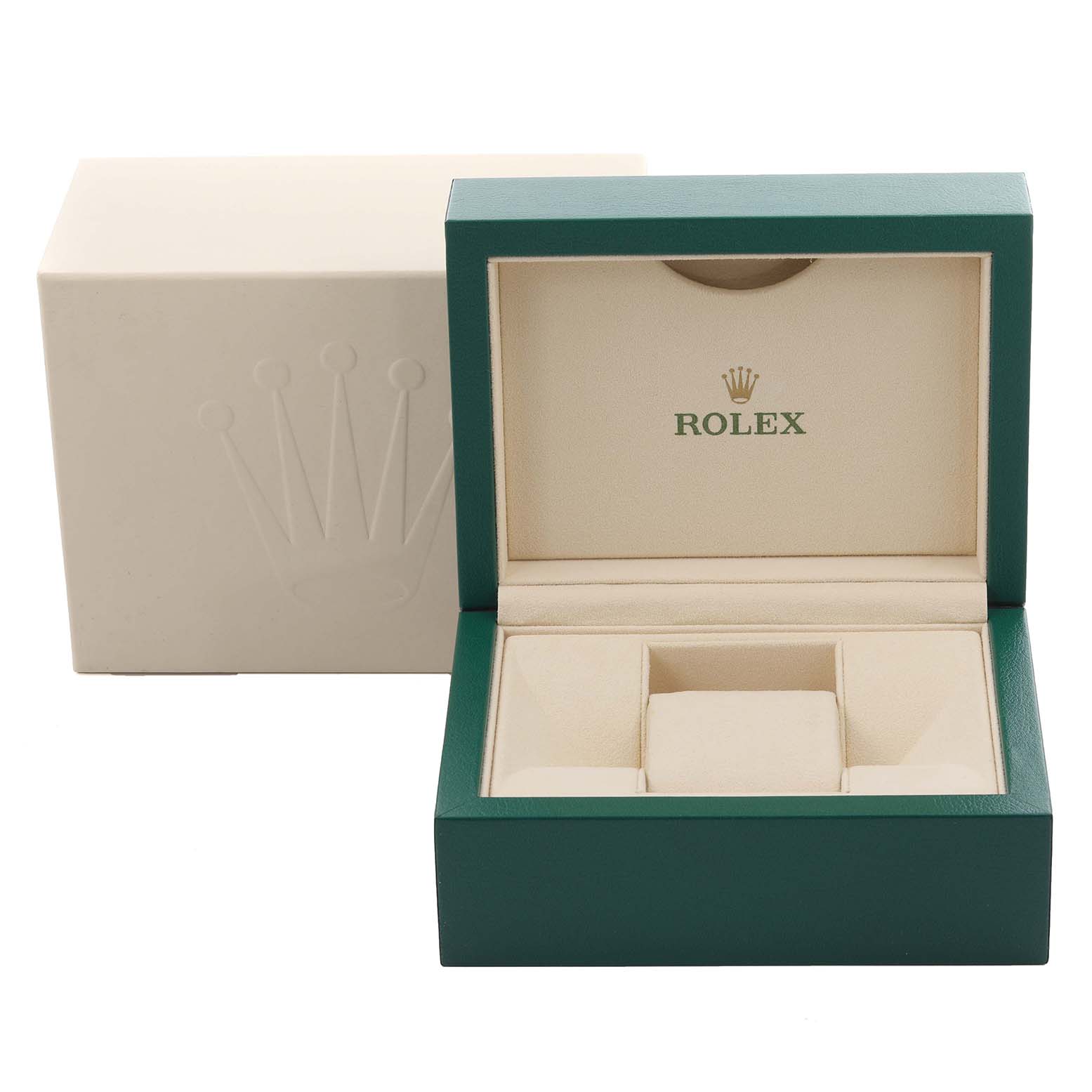 The image shows an open Rolex Datejust 279384RBR Women's Stainless Steel Mother of Pearl Dial 279384RBR Women's Stainless Steel Mother of Pearl Dial watch box at a slight angle, highlighting its beige and green interior.