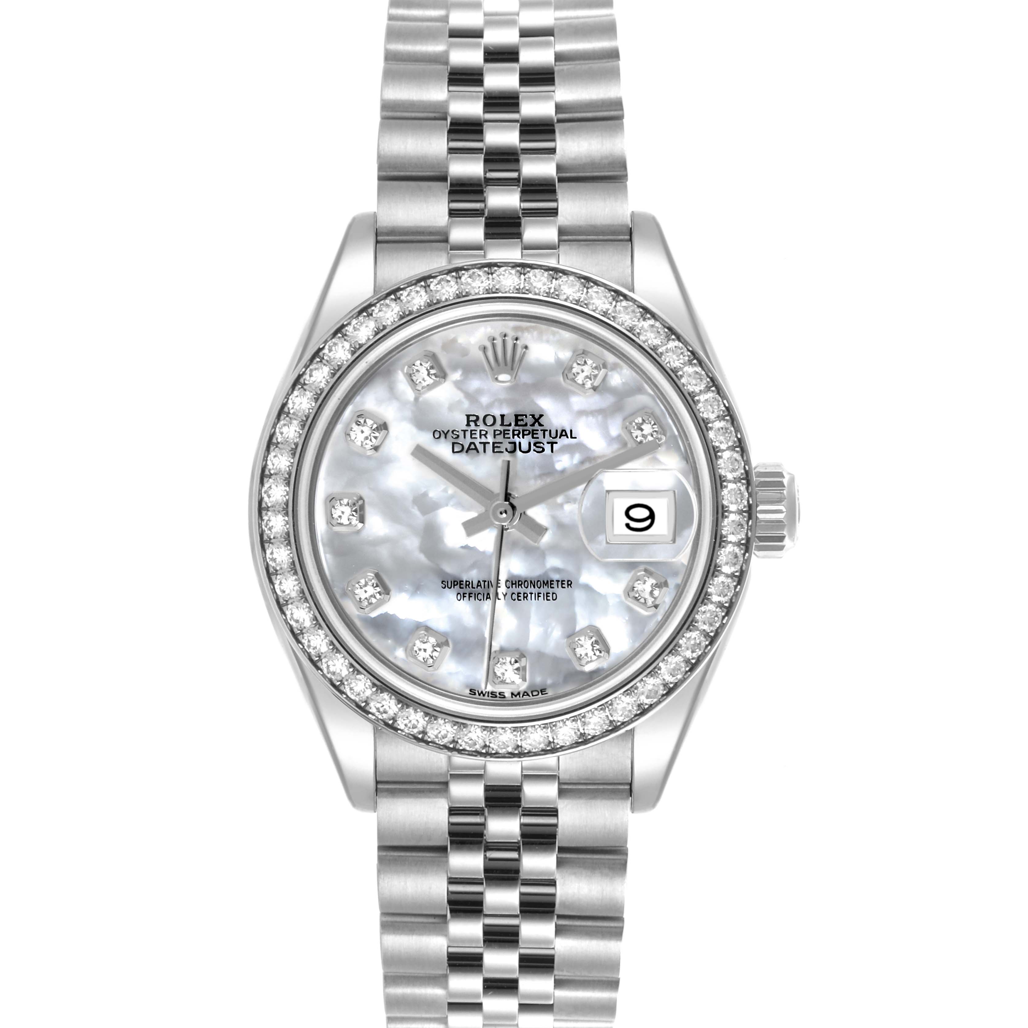 The Rolex Datejust 279384RBR Women's Stainless Steel Mother of Pearl Dial 279384RBR Women's Stainless Steel Mother of Pearl Dial watch is shown from a top-down angle, displaying its face, bezel, and partial bracelet.