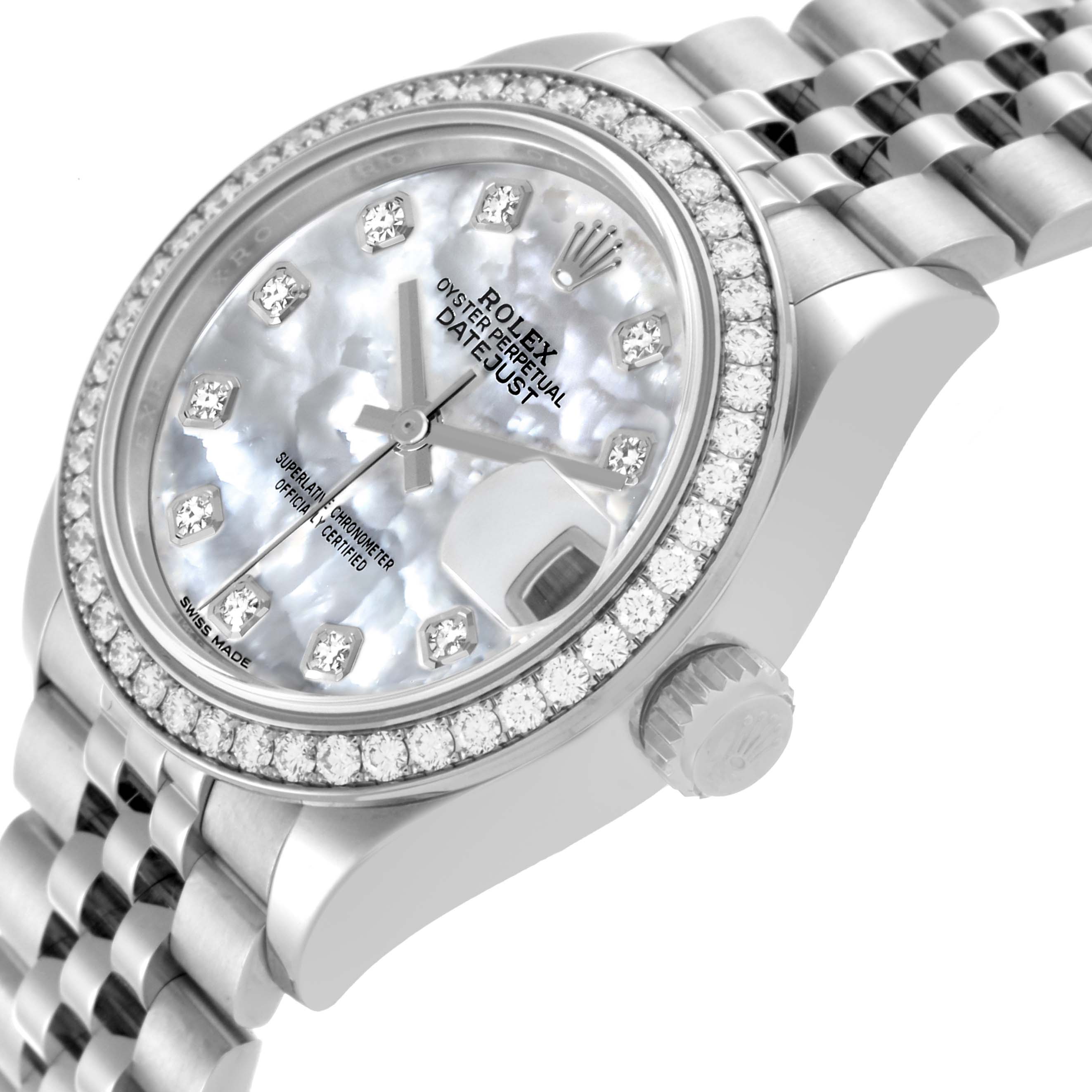 The Rolex Datejust 279384RBR Women's Stainless Steel Mother of Pearl Dial 279384RBR Women's Stainless Steel Mother of Pearl Dial is shown at an angle displaying the dial, bezel, and part of the bracelet, focusing on the crown side.