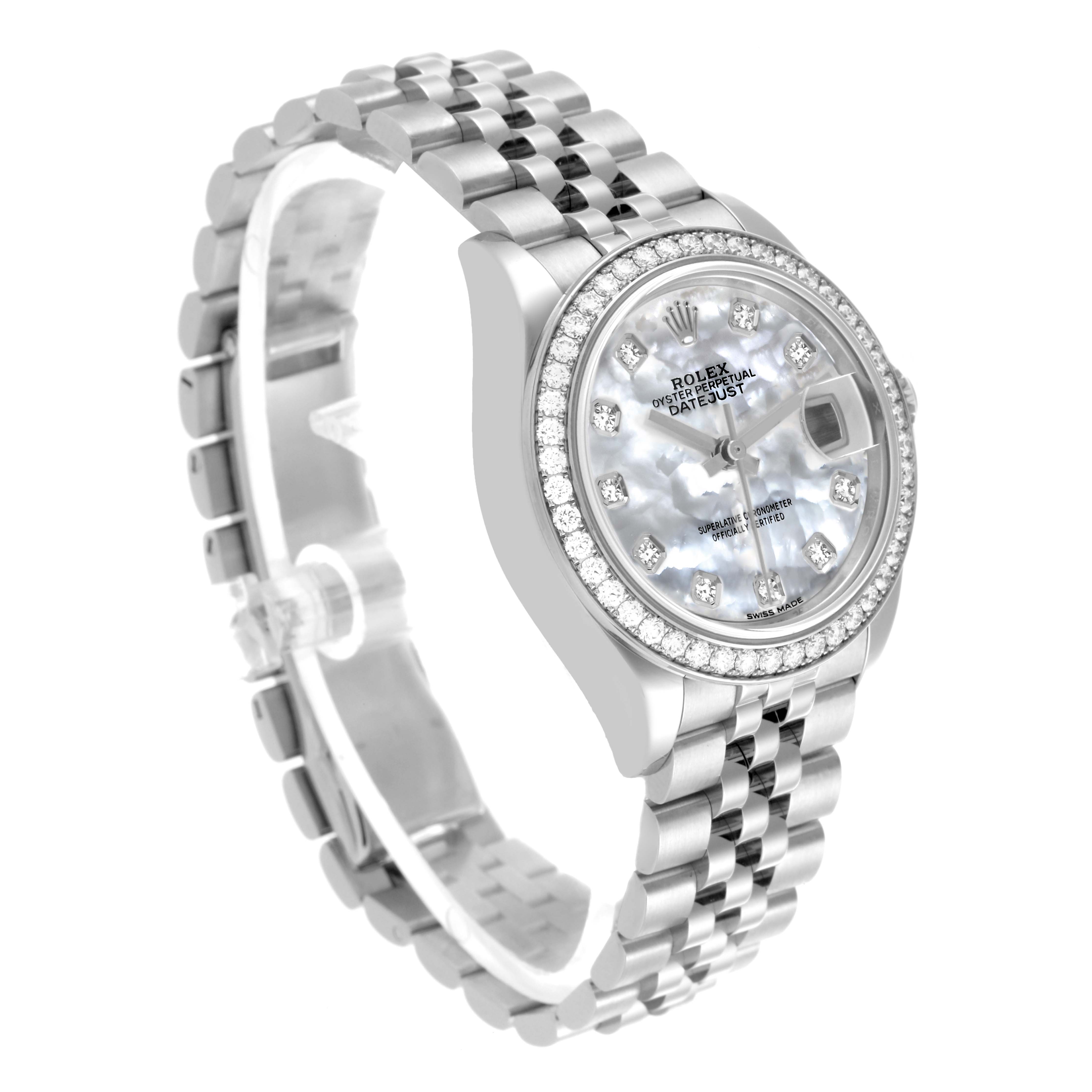 The Rolex Datejust 279384RBR Women's Stainless Steel Mother of Pearl Dial 279384RBR Women's Stainless Steel Mother of Pearl Dial watch is shown at a three-quarter angle, displaying the face, bezel, and part of the jubilee bracelet.
