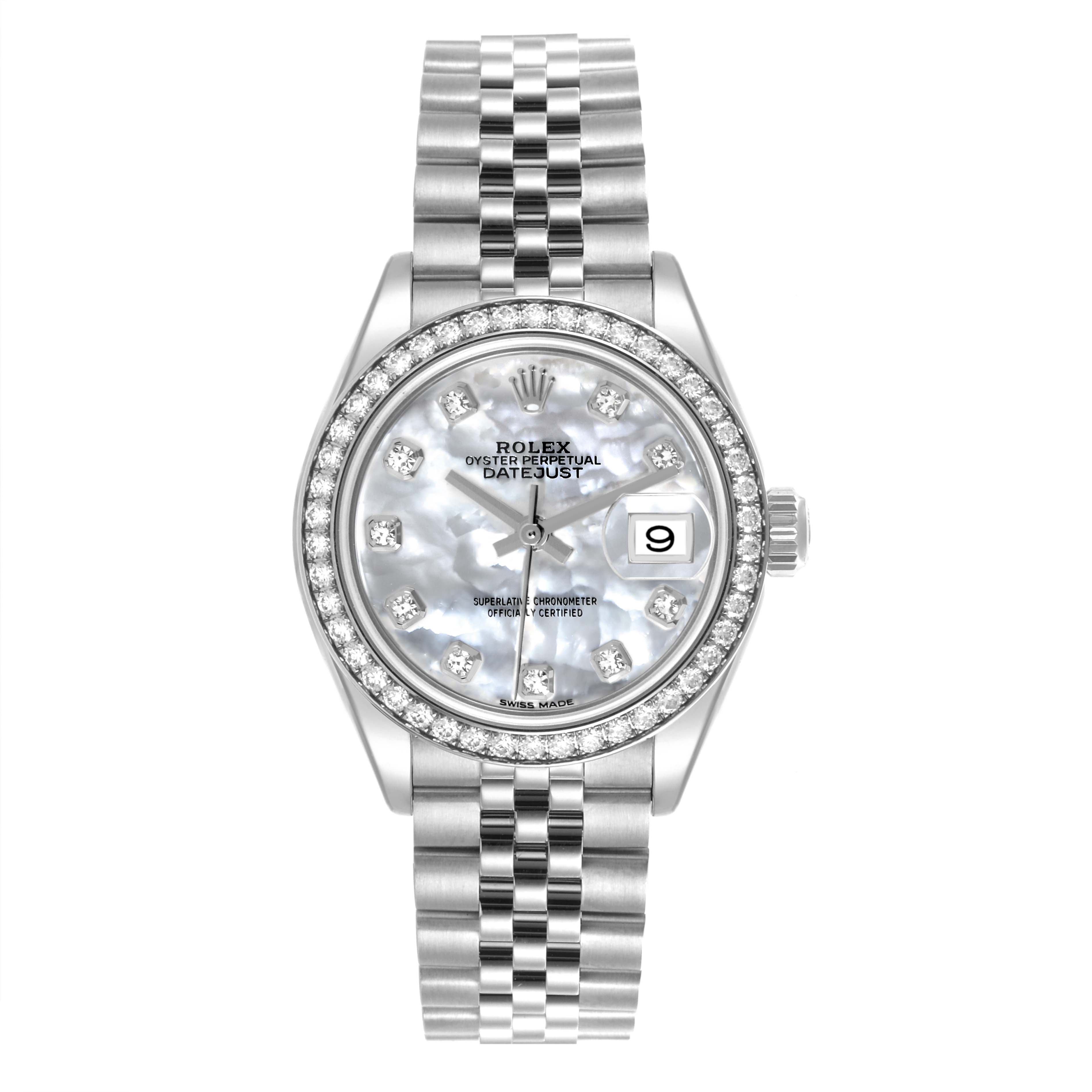 The Rolex Datejust 279384RBR Women's Stainless Steel Mother of Pearl Dial 279384RBR Women's Stainless Steel Mother of Pearl Dial watch is shown from a top-down angle, displaying its face, bezel, crown, and bracelet.