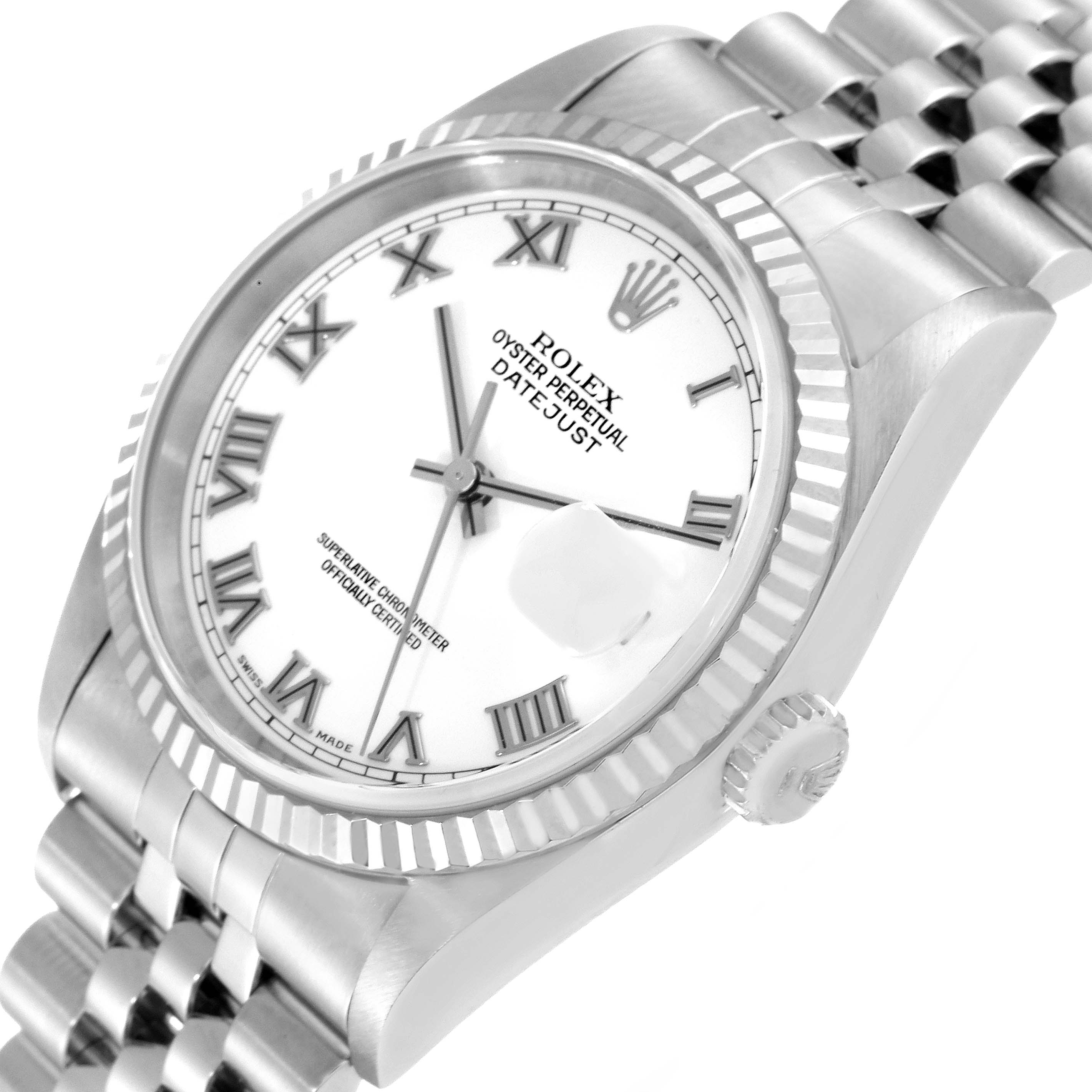 The image shows a close-up of the Rolex Datejust 16234 Men's Stainless Steel White Dial 16234 Men's Stainless Steel White Dial watch from an angled top view, highlighting the dial, bezel, and part of the bracelet.