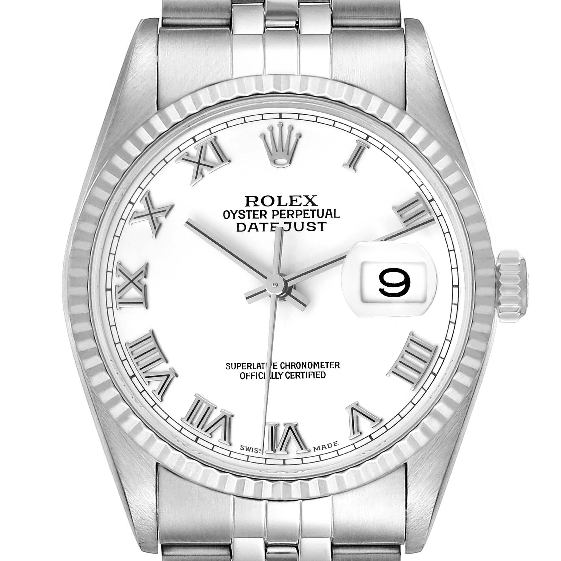 This image shows a front view of a Rolex Datejust 16234 Men's Stainless Steel White Dial 16234 Men's Stainless Steel White Dial watch, including its face, bezel, and part of the bracelet.