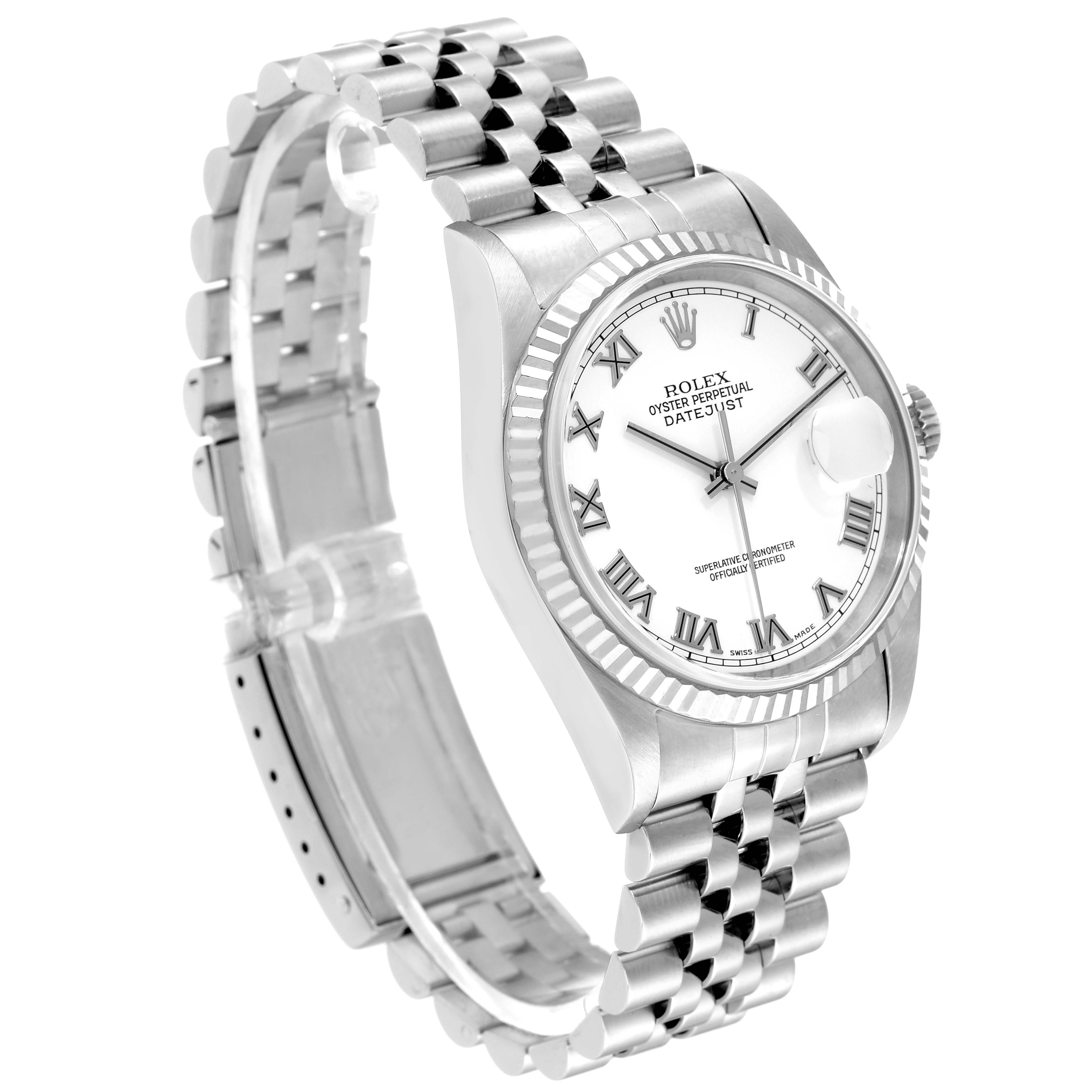 The Rolex Datejust 16234 Men's Stainless Steel White Dial 16234 Men's Stainless Steel White Dial watch is shown at an angle, showcasing its face, bezel, and jubilee bracelet.
