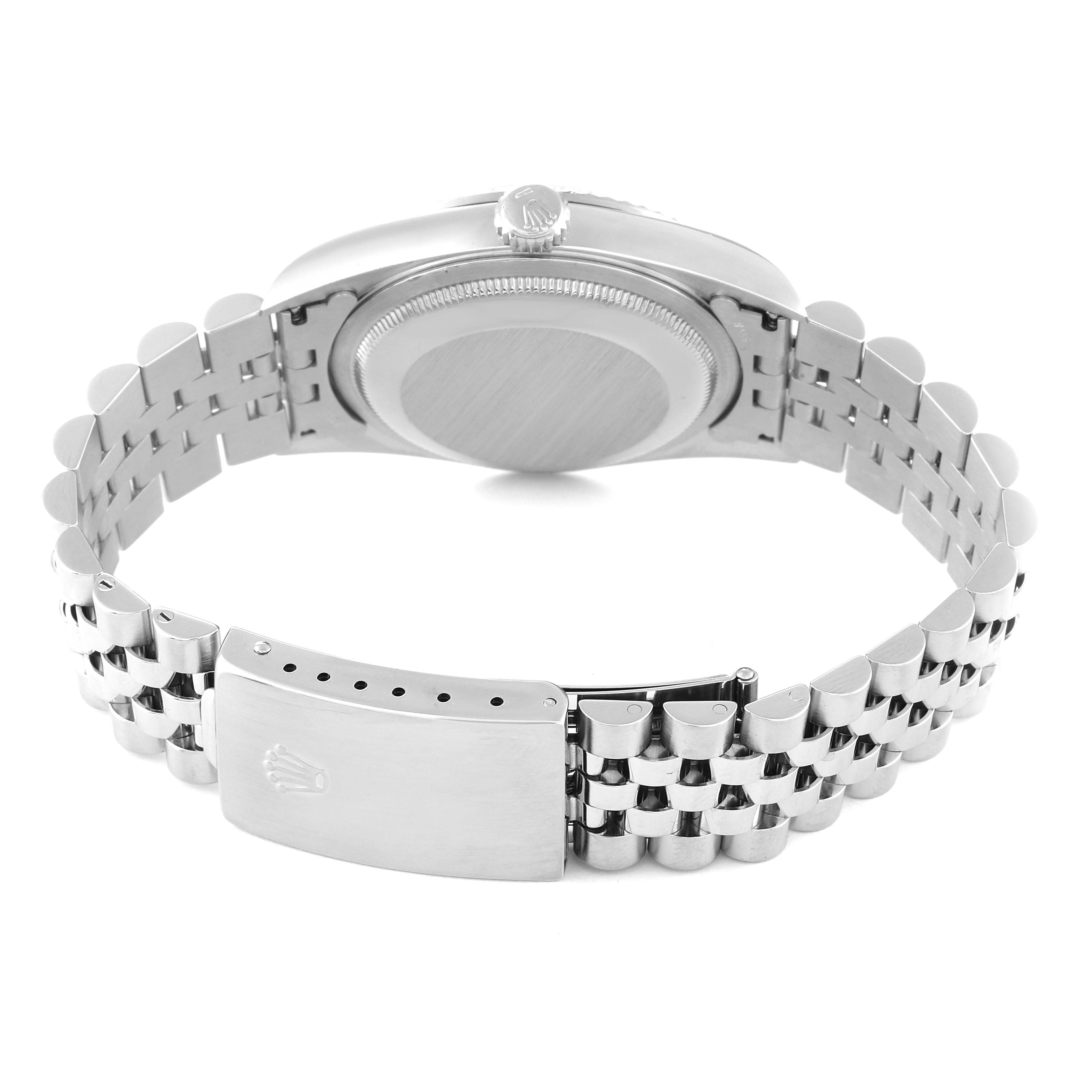 This is a back view of a Rolex Datejust 16234 Men's Stainless Steel White Dial 16234 Men's Stainless Steel White Dial watch, showing the clasp, bracelet, and case back.