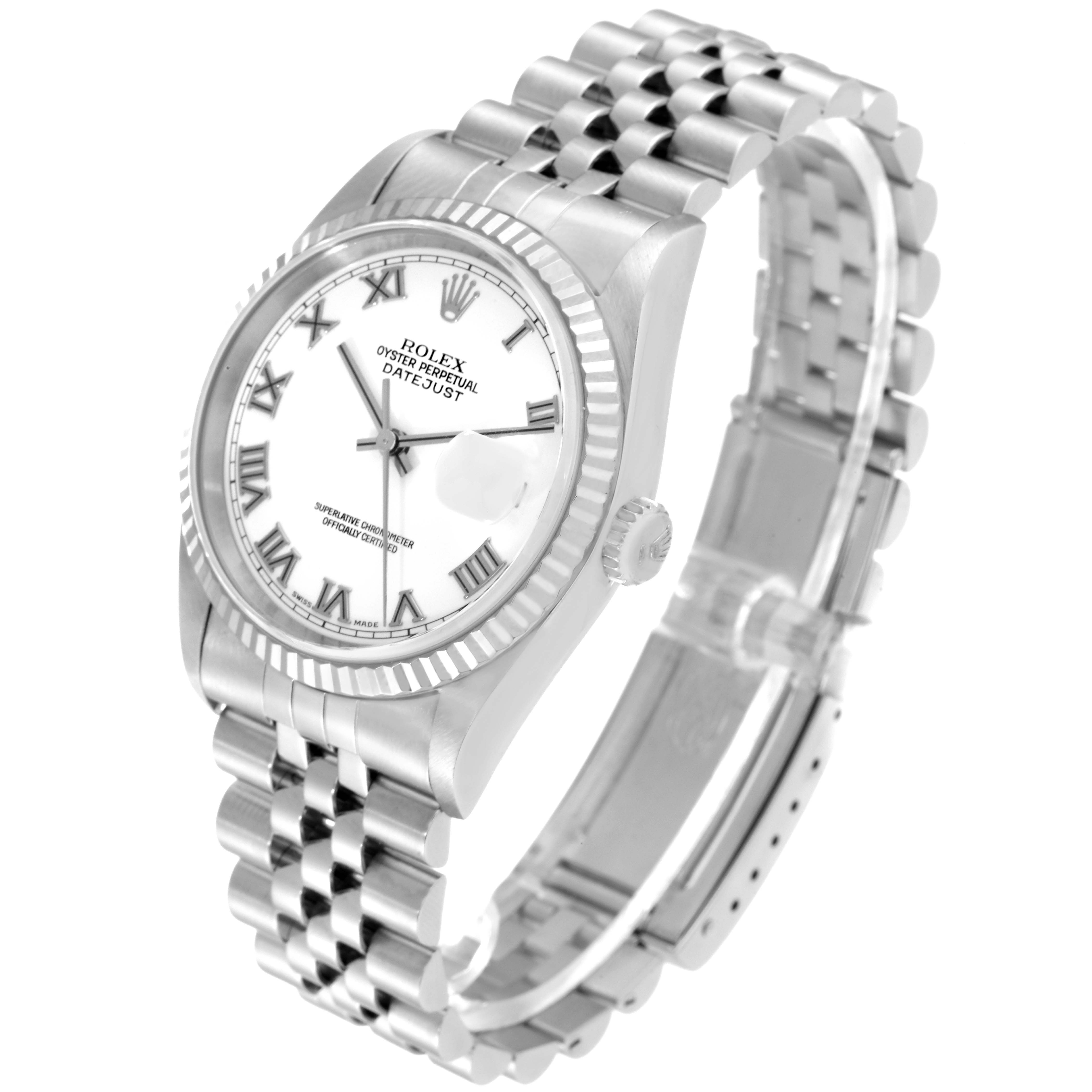The image shows a Rolex Datejust 16234 Men's Stainless Steel White Dial 16234 Men's Stainless Steel White Dial watch at a three-quarter angle, highlighting the dial, bezel, crown, and bracelet.