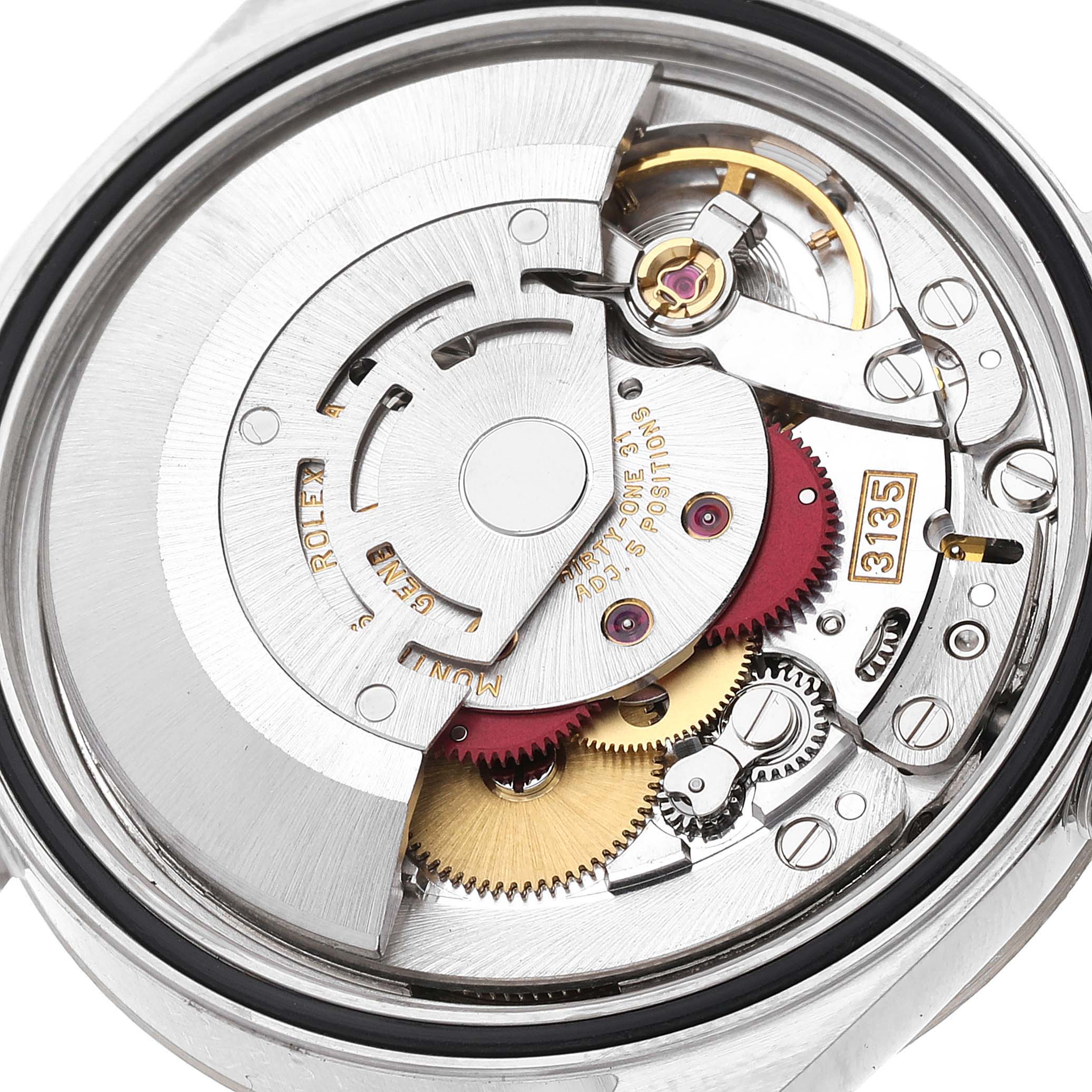The image shows the intricate internal mechanical movement of the Rolex Datejust 16234 Men's Stainless Steel White Dial 16234 Men's Stainless Steel White Dial watch, viewed from the case back angle.