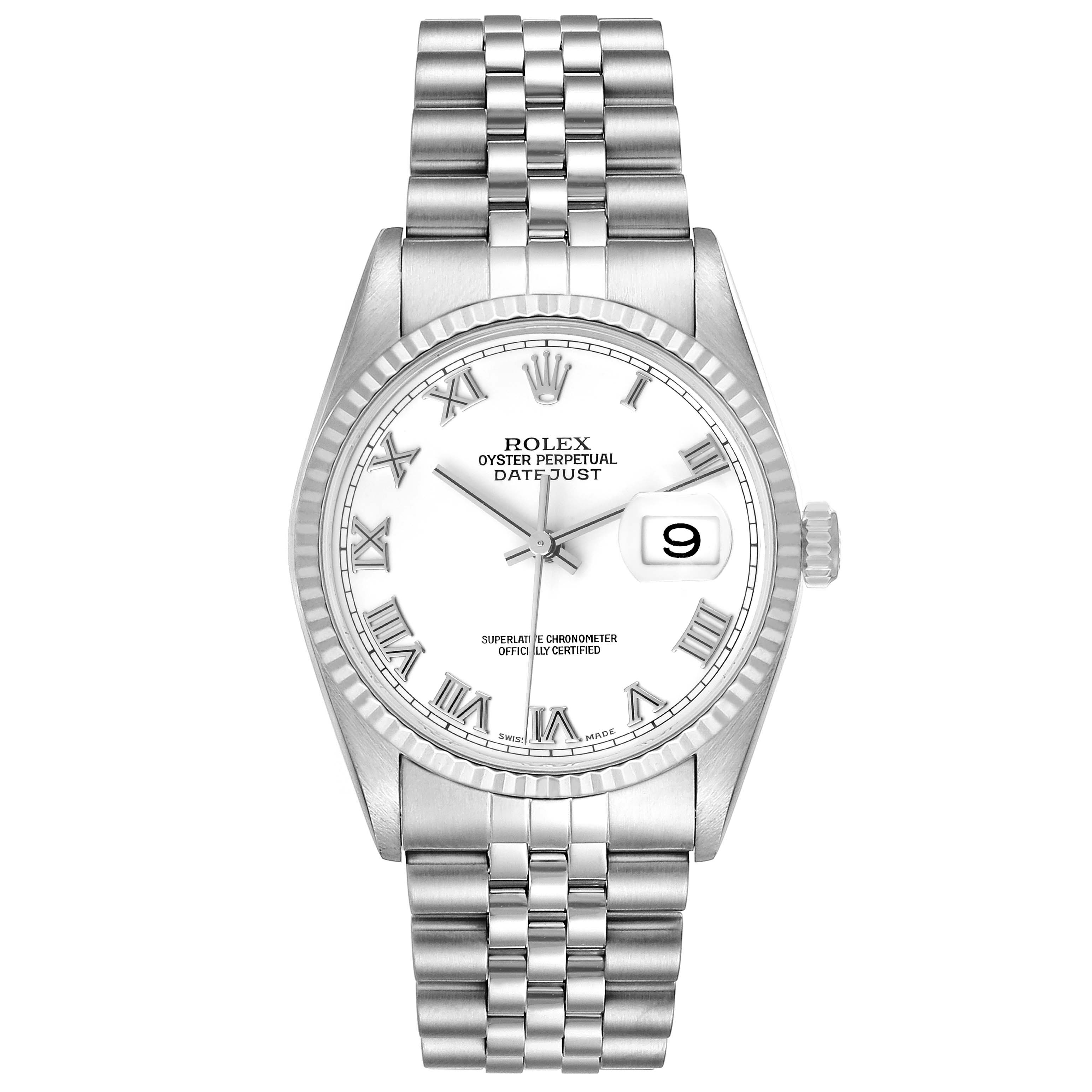 The image shows a Rolex Datejust 16234 Men's Stainless Steel White Dial 16234 Men's Stainless Steel White Dial watch from a front angle, featuring a white dial, Roman numerals, and a Jubilee bracelet.