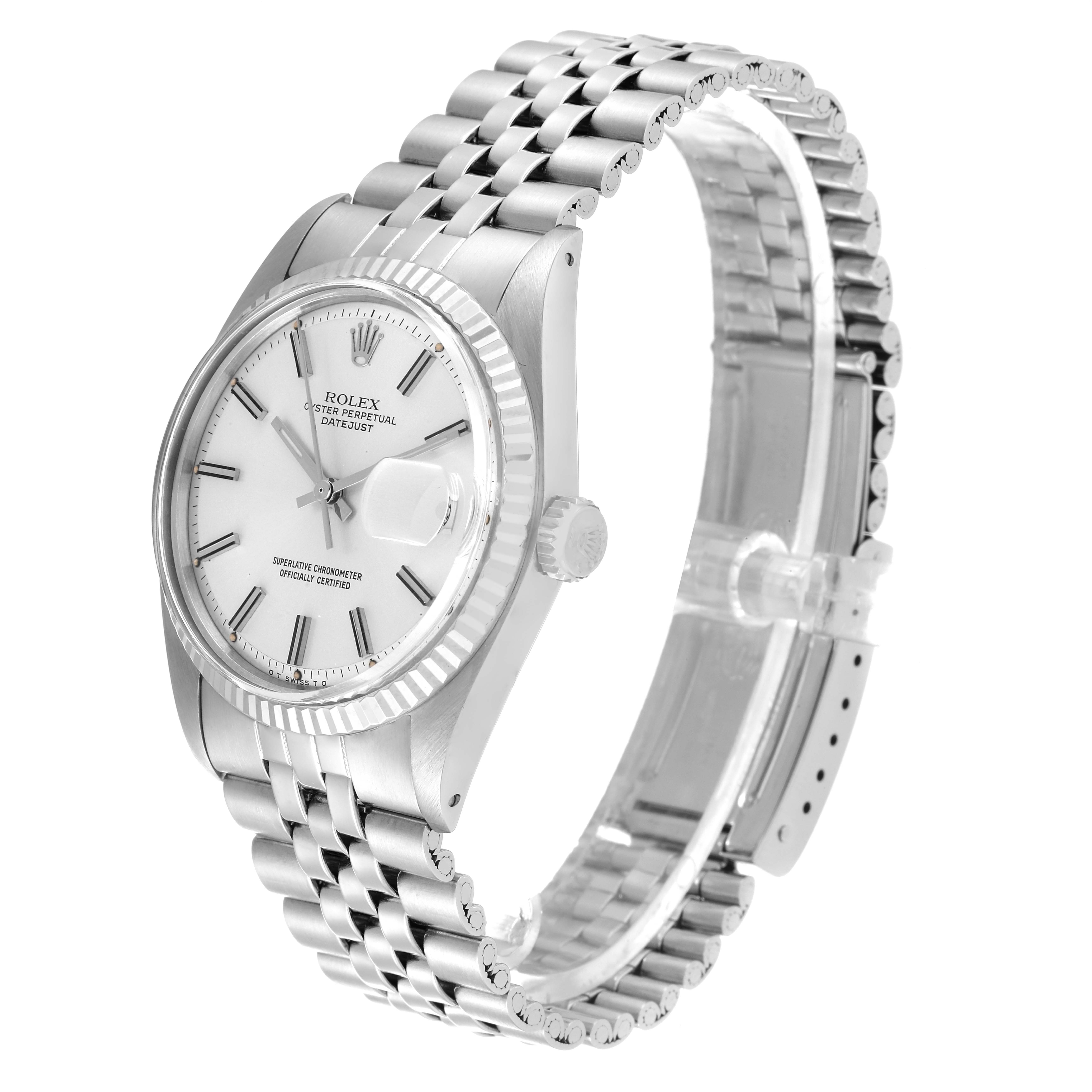 The Rolex Datejust 1601 Men
s Stainless Steel Silver Dial 1601 Men
s Stainless Steel Silver Dial watch is shown from a three-quarter angle, displaying its face, fluted bezel, and Jubilee bracelet.