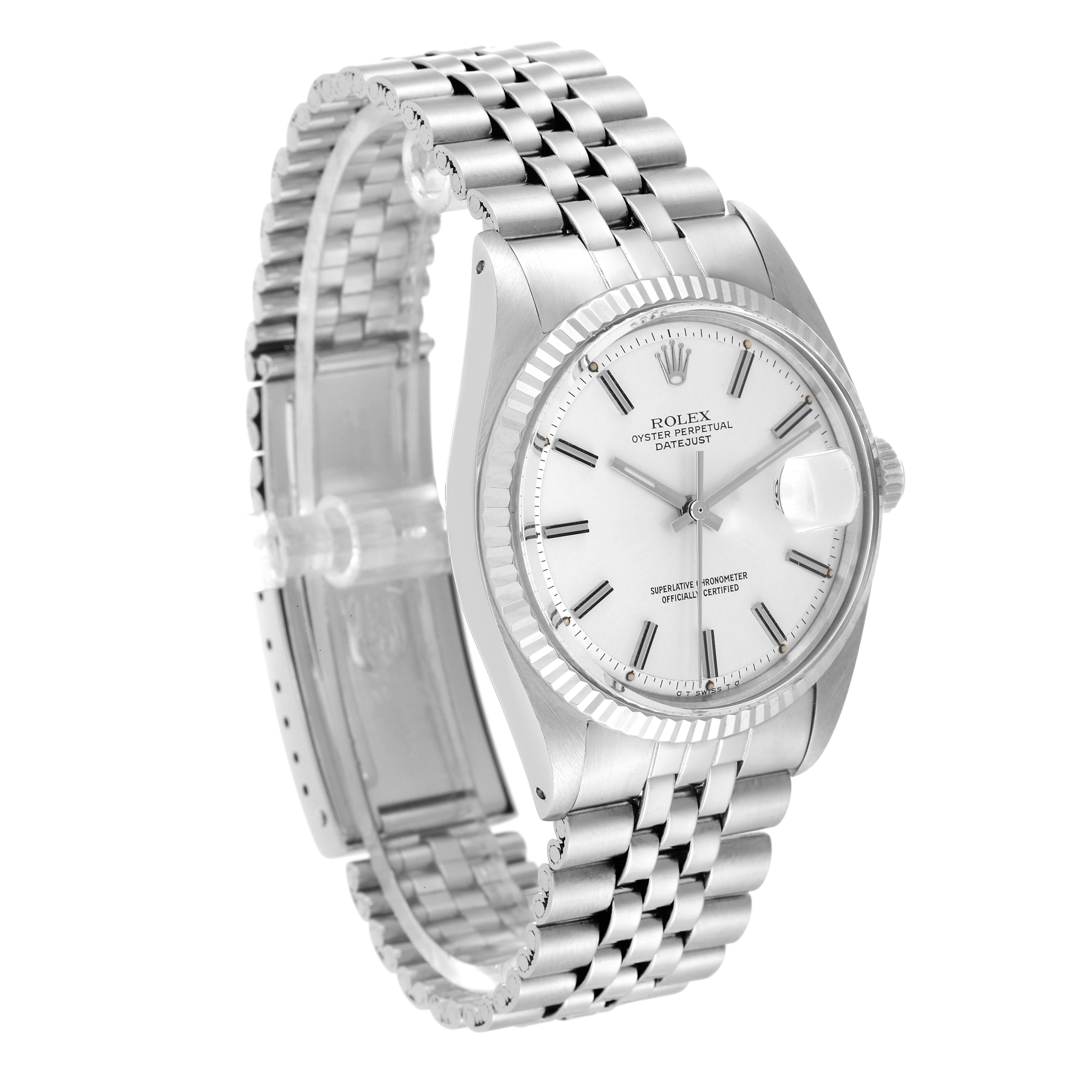 The Rolex Datejust 1601 Men
s Stainless Steel Silver Dial 1601 Men
s Stainless Steel Silver Dial watch is shown at an angled side view highlighting the face, bezel, and stainless steel bracelet.