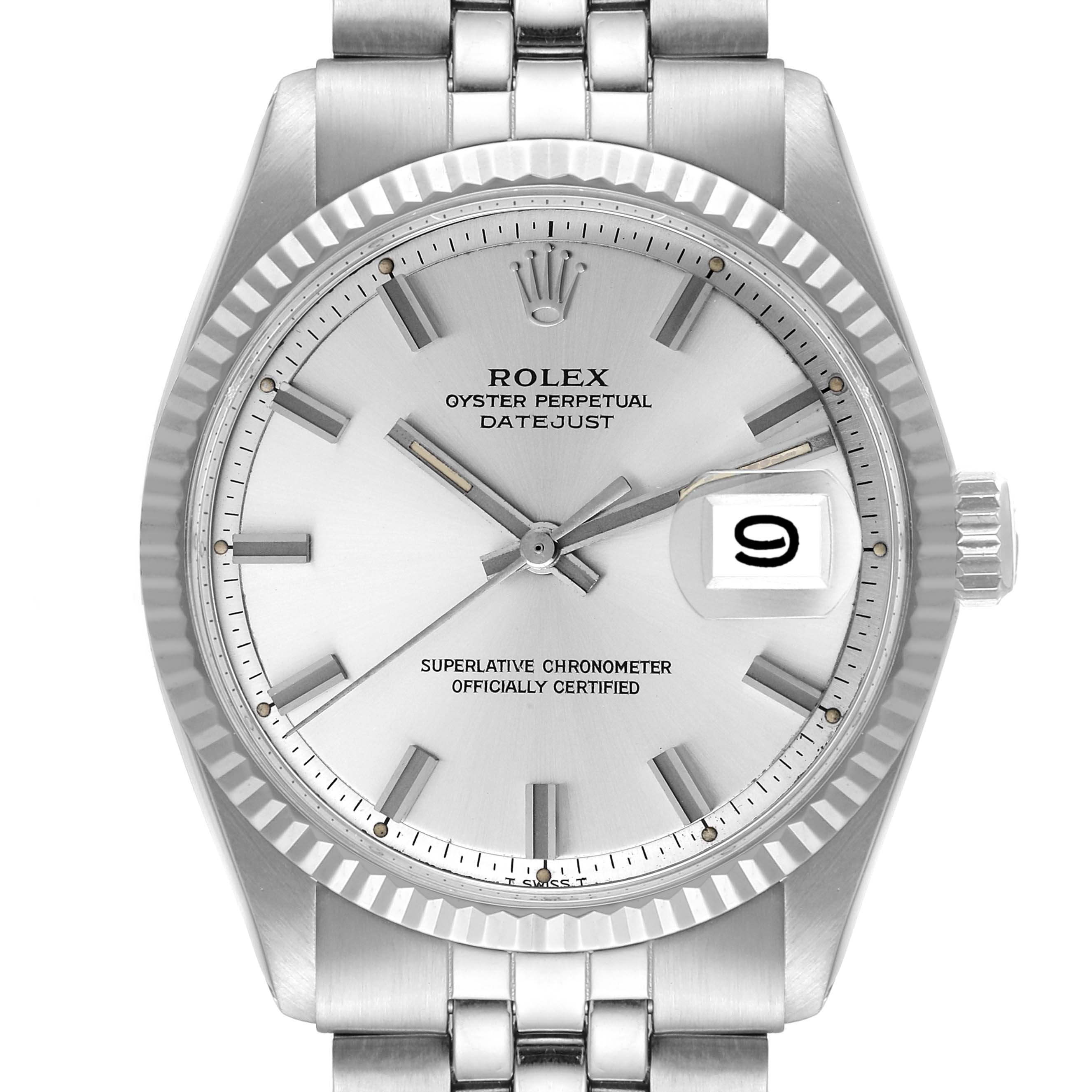 This image shows a frontal view of the Rolex Datejust 1601 Men
s Stainless Steel Silver Dial 1601 Men
s Stainless Steel Silver Dial watch, highlighting its dial, bezel, crown, and part of the bracelet.