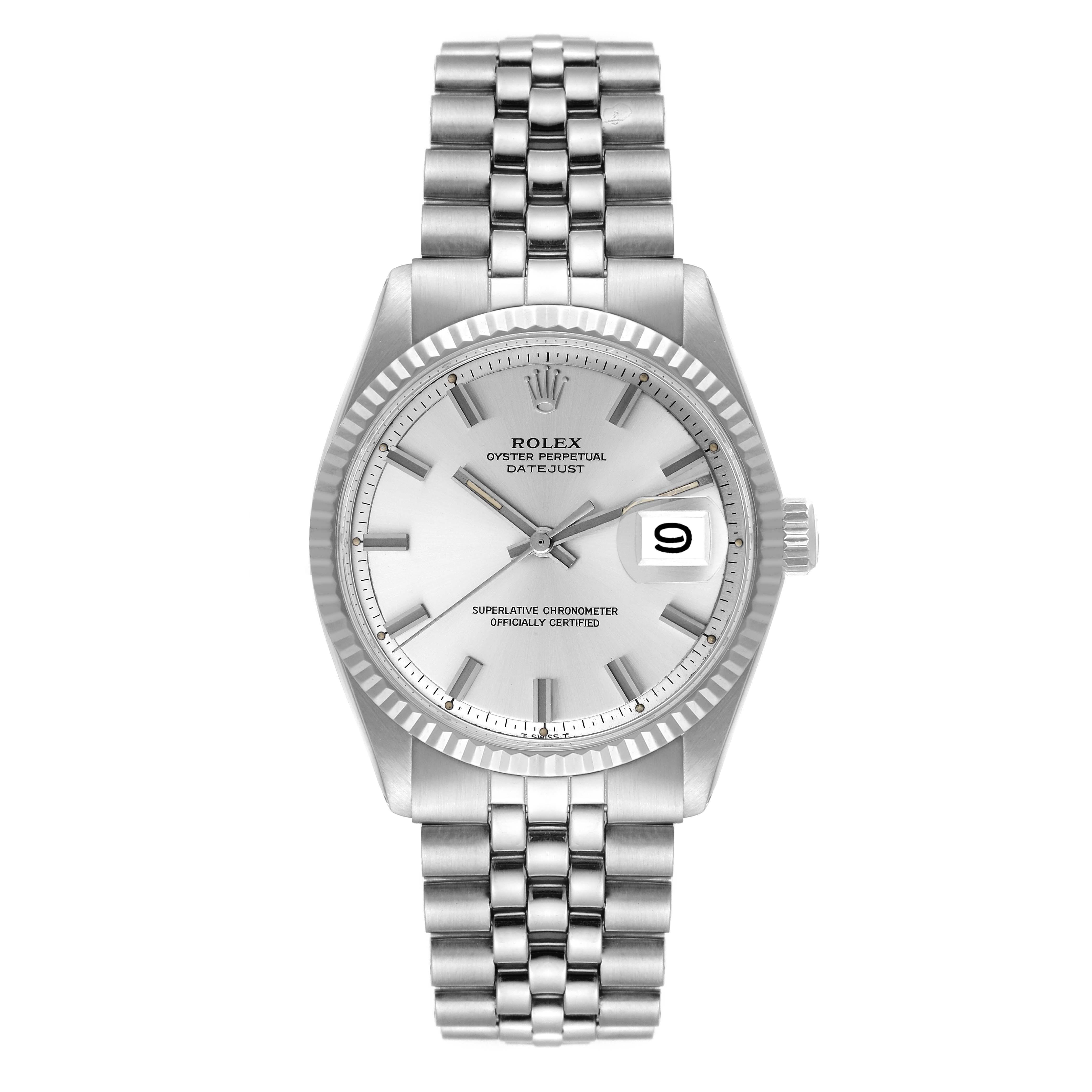 The image shows a Rolex Datejust 1601 Men
s Stainless Steel Silver Dial 1601 Men
s Stainless Steel Silver Dial watch from a front angle, displaying its dial, fluted bezel, and jubilee bracelet.