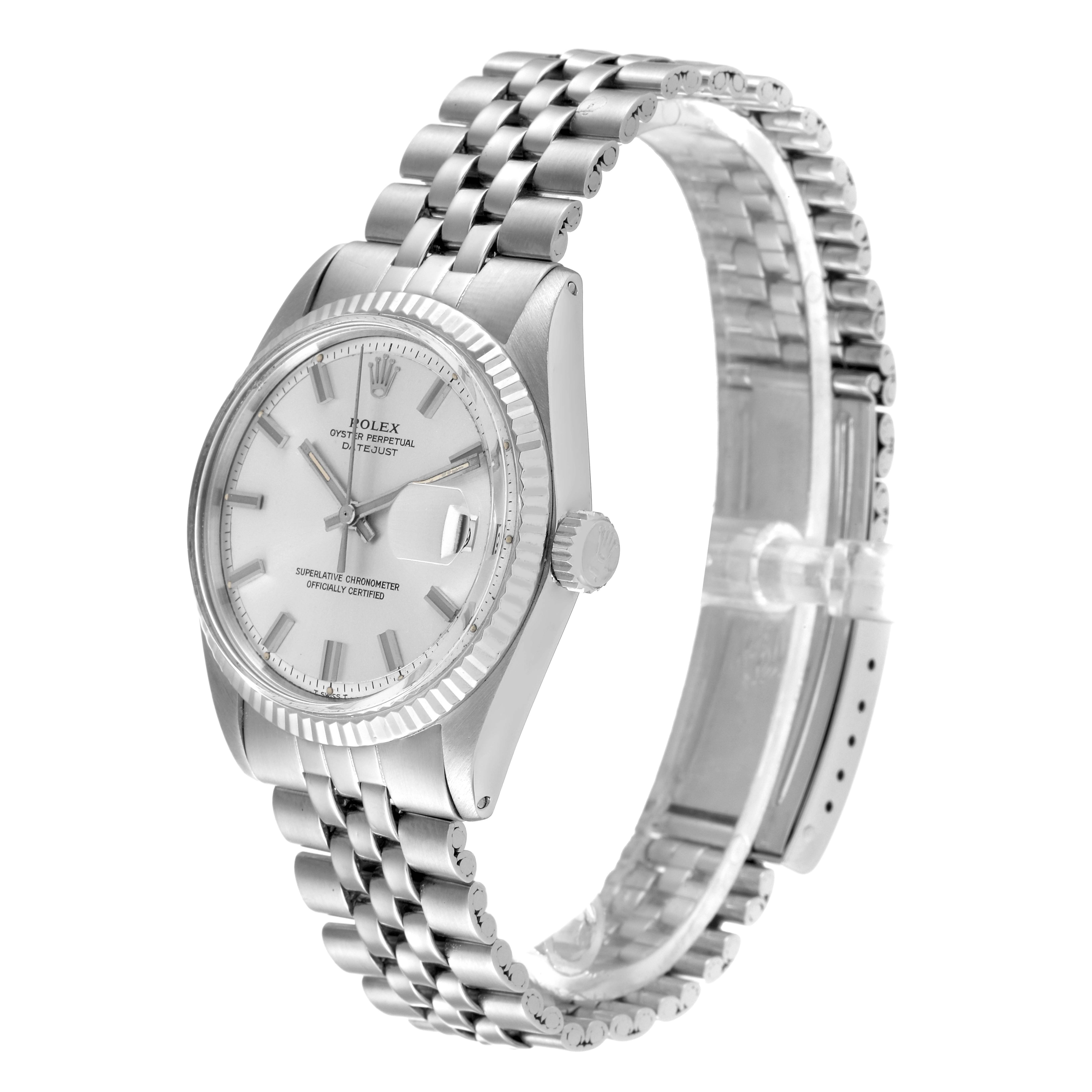 The image shows a side view of a Rolex Datejust 1601 Men
s Stainless Steel Silver Dial 1601 Men
s Stainless Steel Silver Dial watch, displaying the watch dial, case, bezel, and bracelet.