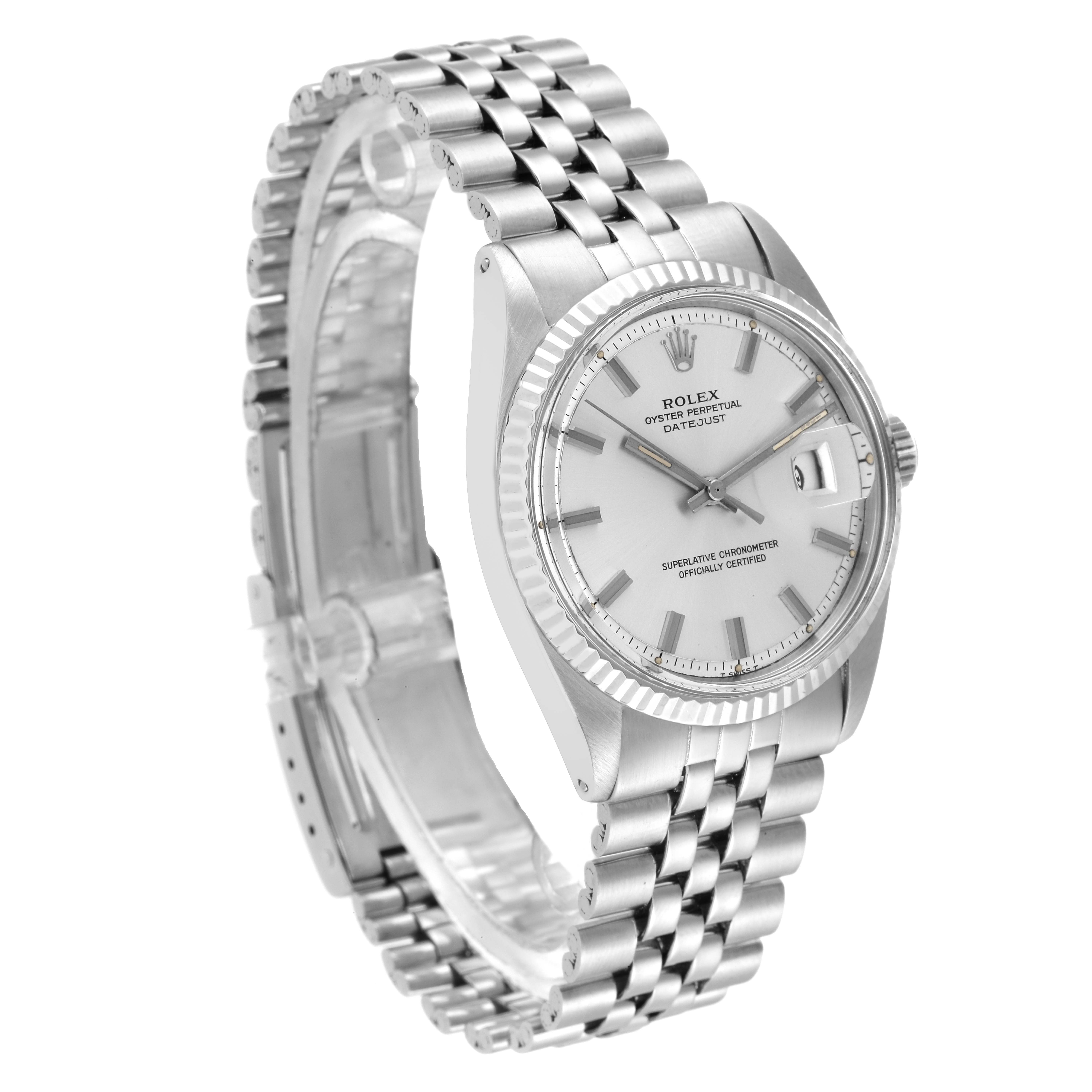 The Rolex Datejust 1601 Men
s Stainless Steel Silver Dial 1601 Men
s Stainless Steel Silver Dial watch is shown at a three-quarter angle highlighting the bracelet, dial, and fluted bezel.