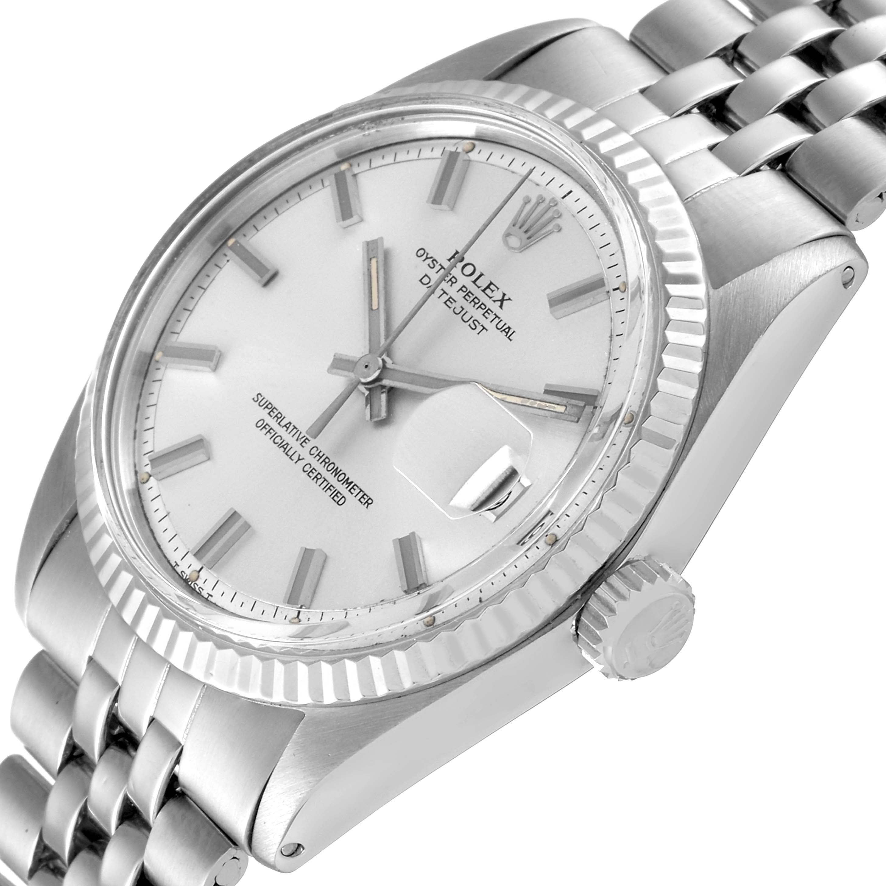 This image shows the side and dial of a Rolex Datejust 1601 Men
s Stainless Steel Silver Dial 1601 Men
s Stainless Steel Silver Dial model, showcasing its bezel, crown, and bracelet from an angled perspective.