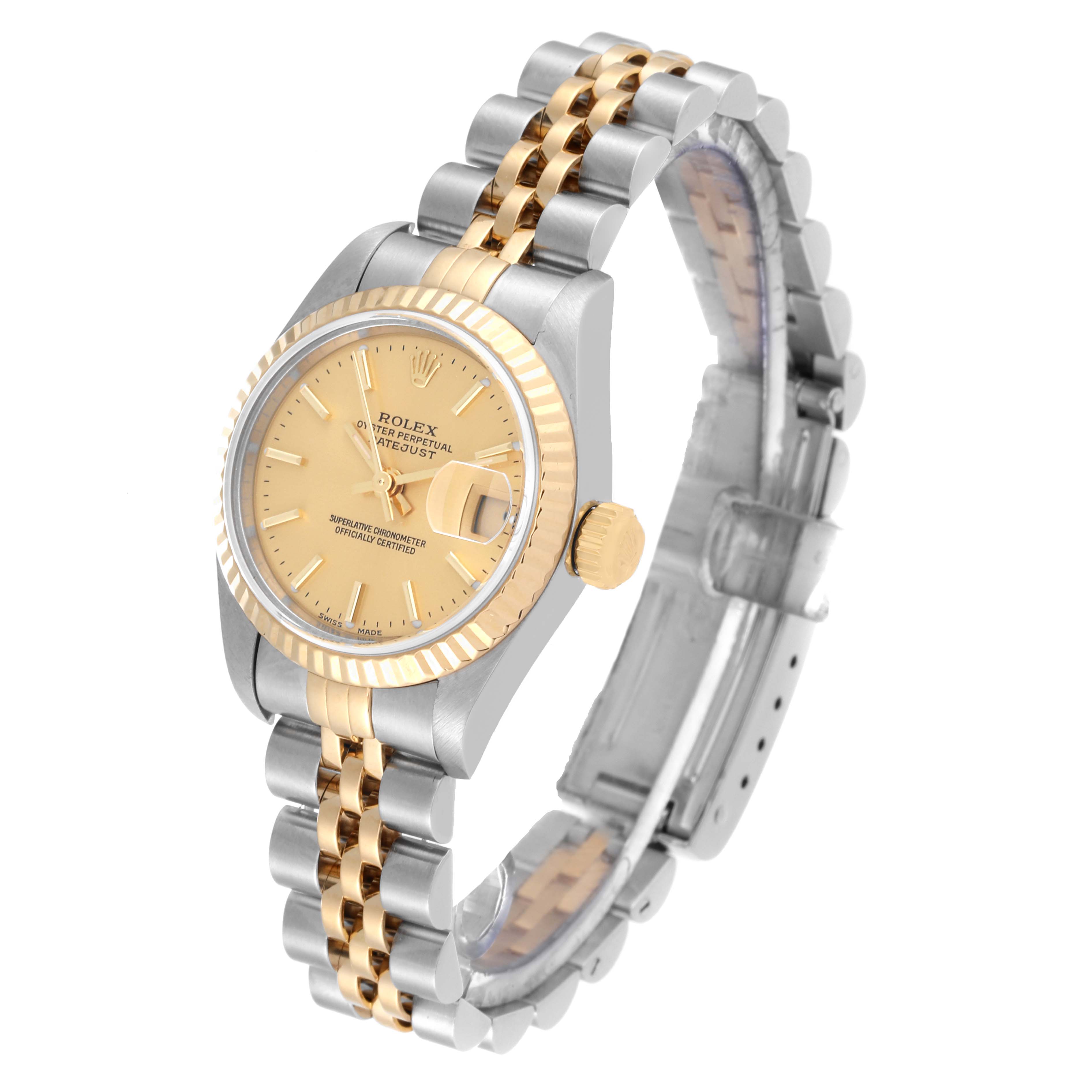 This image shows a Rolex Datejust 79173 Women's Steel and Gold (two tone) Champagne Dial 79173 Women's Steel and Gold (two tone) Champagne Dial watch at a three-quarter angle, focusing on the dial, bezel, bracelet, and crown.