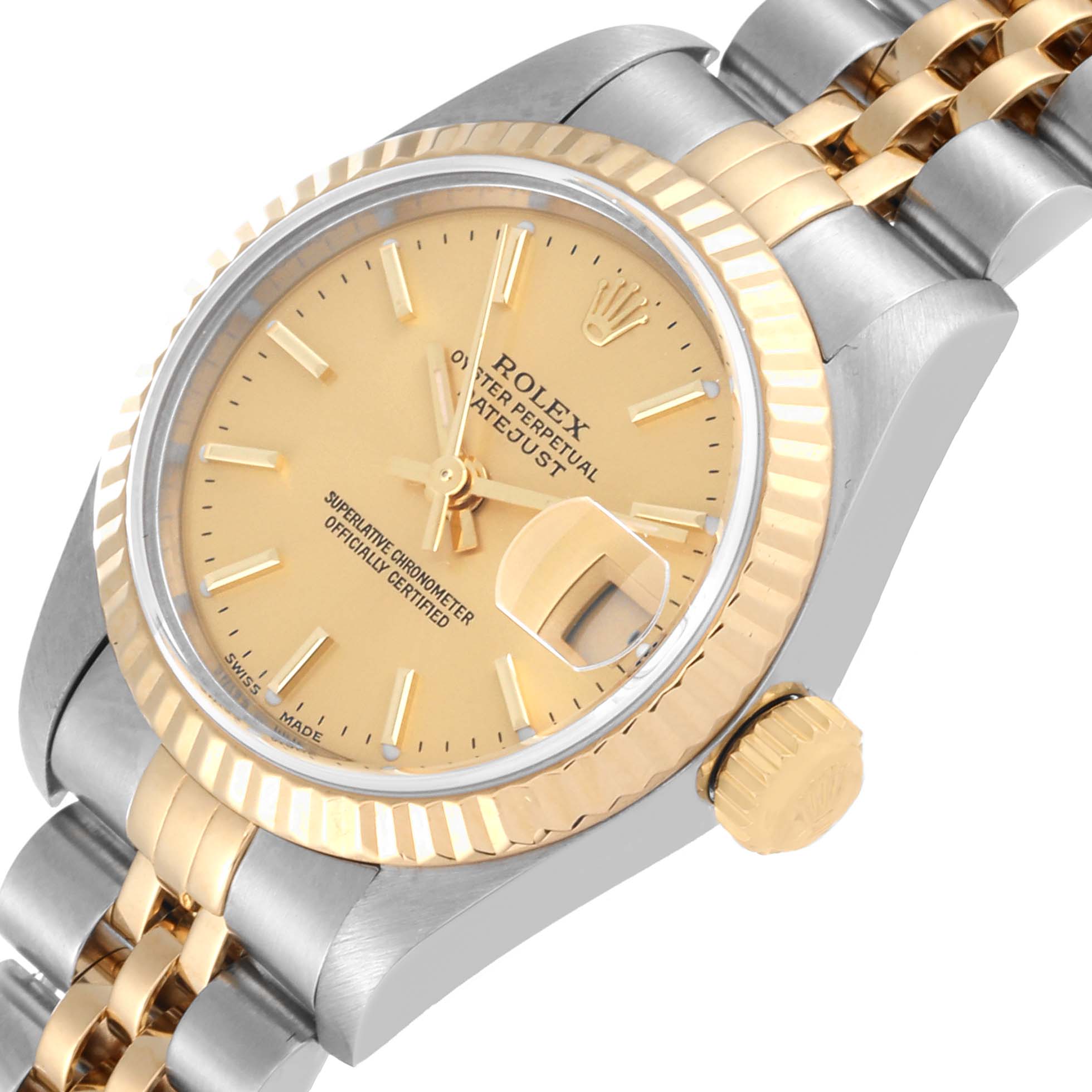 The image shows a close-up view of the Rolex Datejust 79173 Women's Steel and Gold (two tone) Champagne Dial 79173 Women's Steel and Gold (two tone) Champagne Dial watch, highlighting its face, bezel, crown, and bracelet.