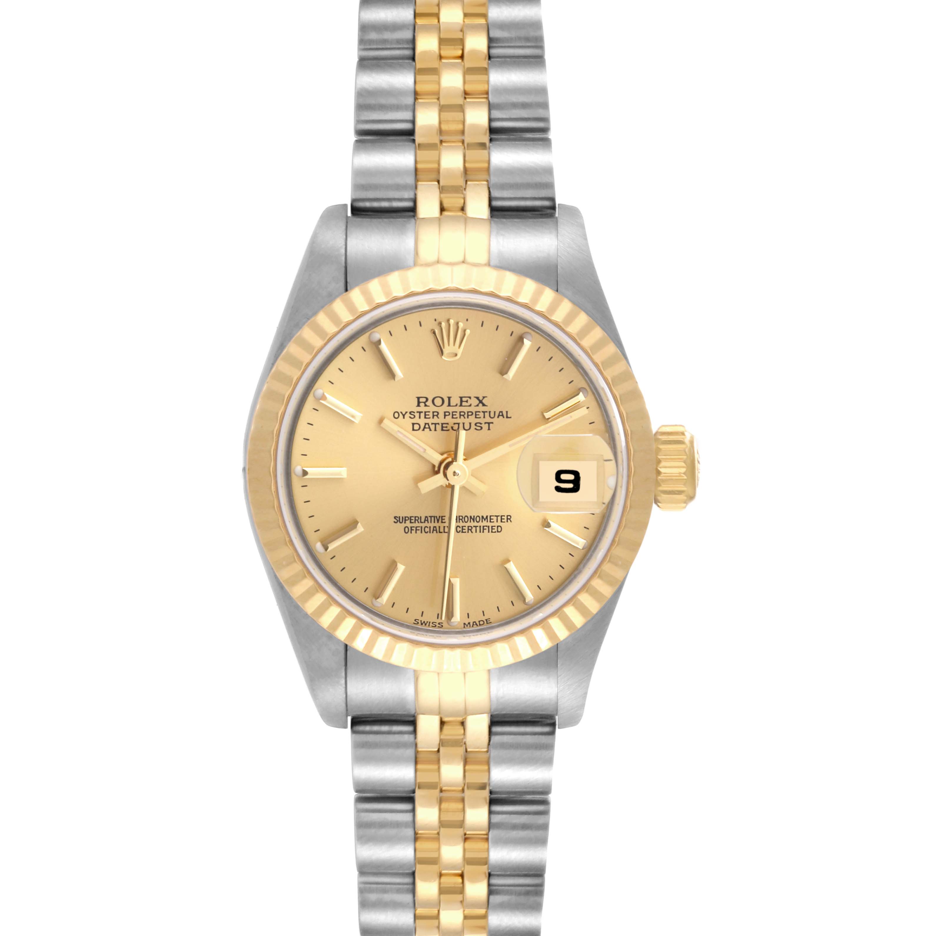 This image shows a front view of the Rolex Datejust 79173 Women's Steel and Gold (two tone) Champagne Dial 79173 Women's Steel and Gold (two tone) Champagne Dial watch, featuring its dial, bezel, and bi-metal bracelet.
