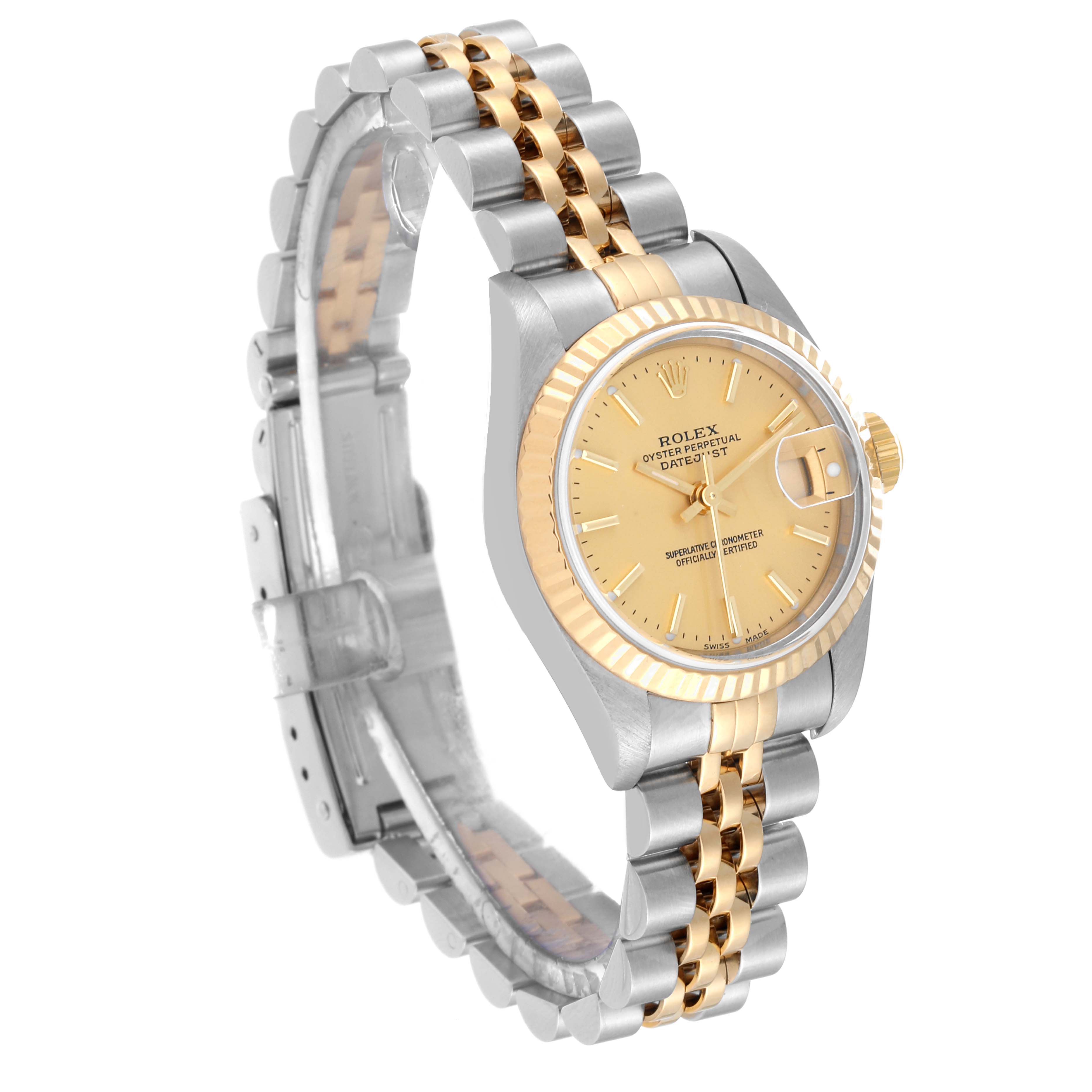 The image shows a side angle of a Rolex Datejust 79173 Women's Steel and Gold (two tone) Champagne Dial 79173 Women's Steel and Gold (two tone) Champagne Dial watch, highlighting the two-tone bracelet and gold dial.