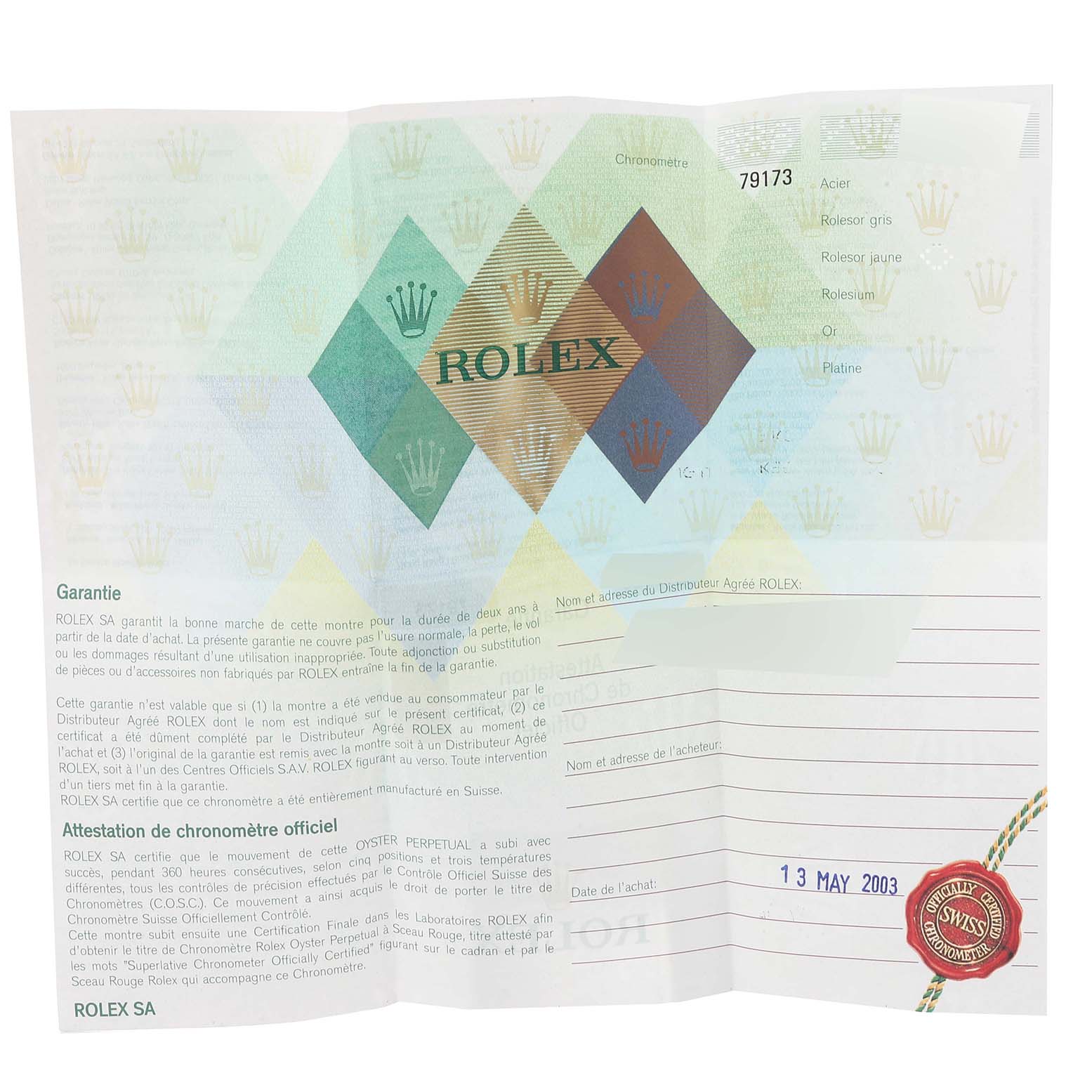 This image shows the warranty paper for a Rolex Datejust 79173 Women's Steel and Gold (two tone) Champagne Dial 79173 Women's Steel and Gold (two tone) Champagne Dial watch, detailing guarantee and chronometer certification information.
