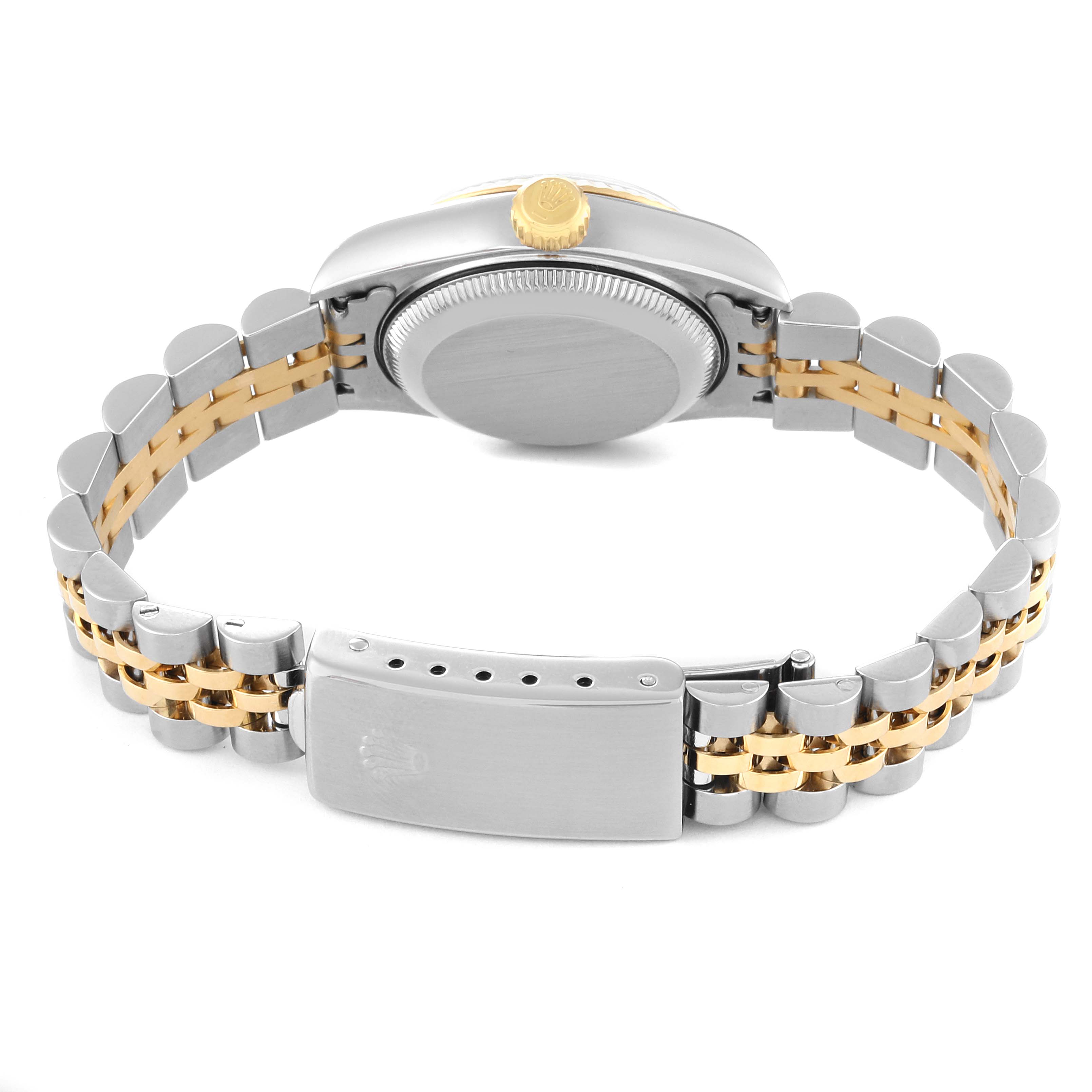 The image shows the back angle of the Rolex Datejust 79173 Women's Steel and Gold (two tone) Champagne Dial 79173 Women's Steel and Gold (two tone) Champagne Dial watch, focusing on its back case, crown, and bi-color bracelet with the clasp.