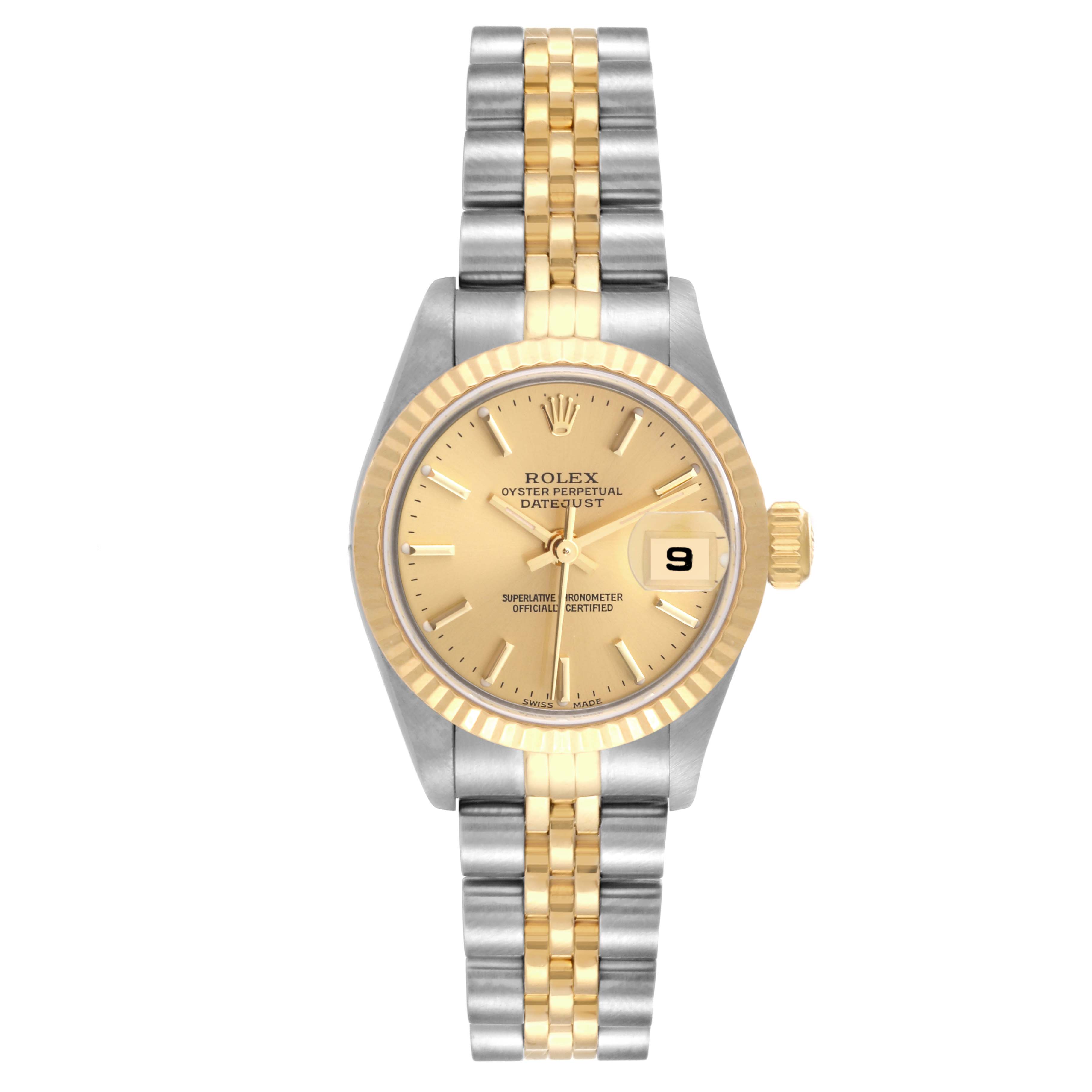 This image shows a front view of a Rolex Datejust 79173 Women's Steel and Gold (two tone) Champagne Dial 79173 Women's Steel and Gold (two tone) Champagne Dial watch featuring a two-tone bracelet, gold dial, fluted bezel, and date window.