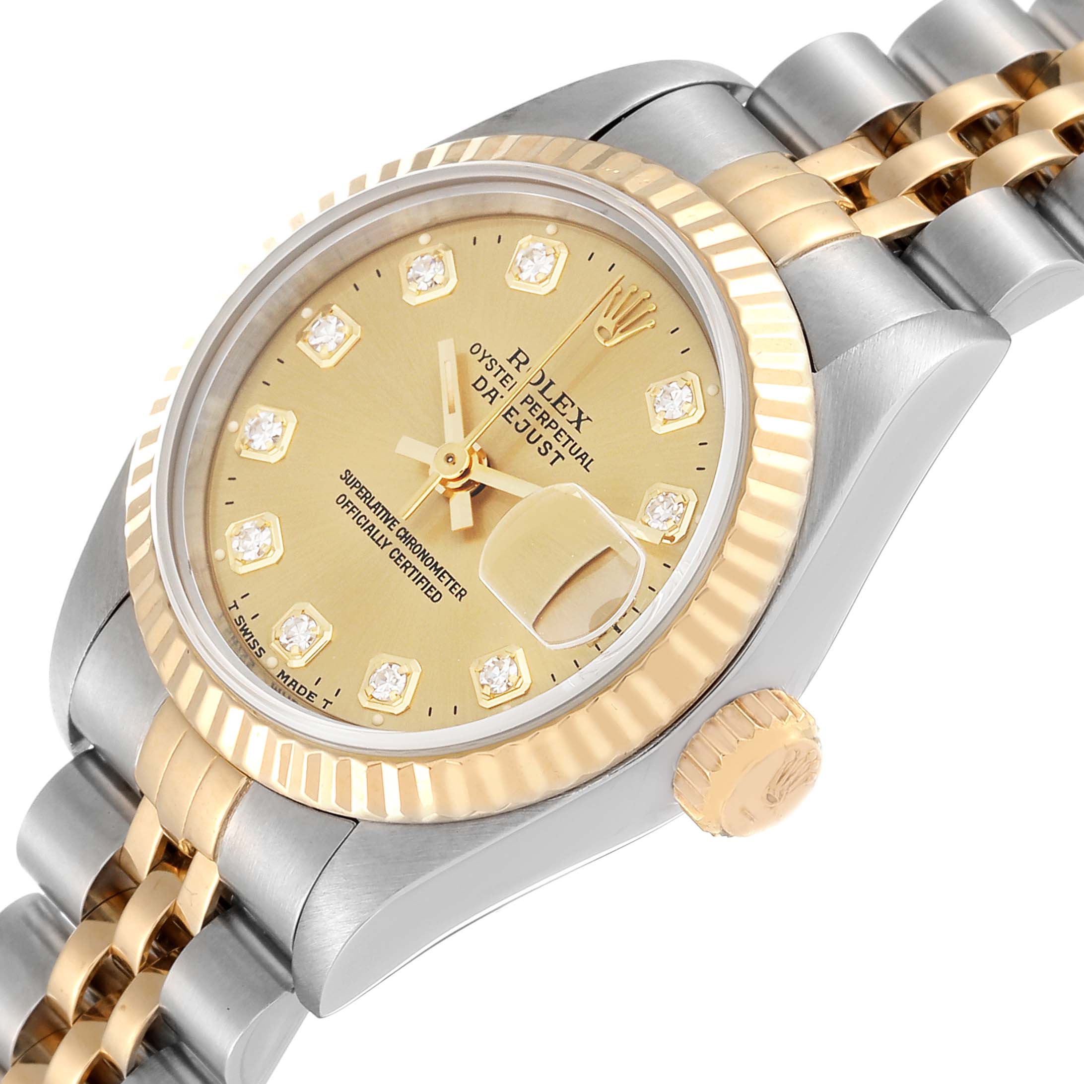 The image shows a close-up angled view of a Rolex Datejust 69173 Women's Steel and Gold (two tone) Champagne Dial 69173 Women's Steel and Gold (two tone) Champagne Dial watch, highlighting the bezel, face, crown, and part of the bracelet.