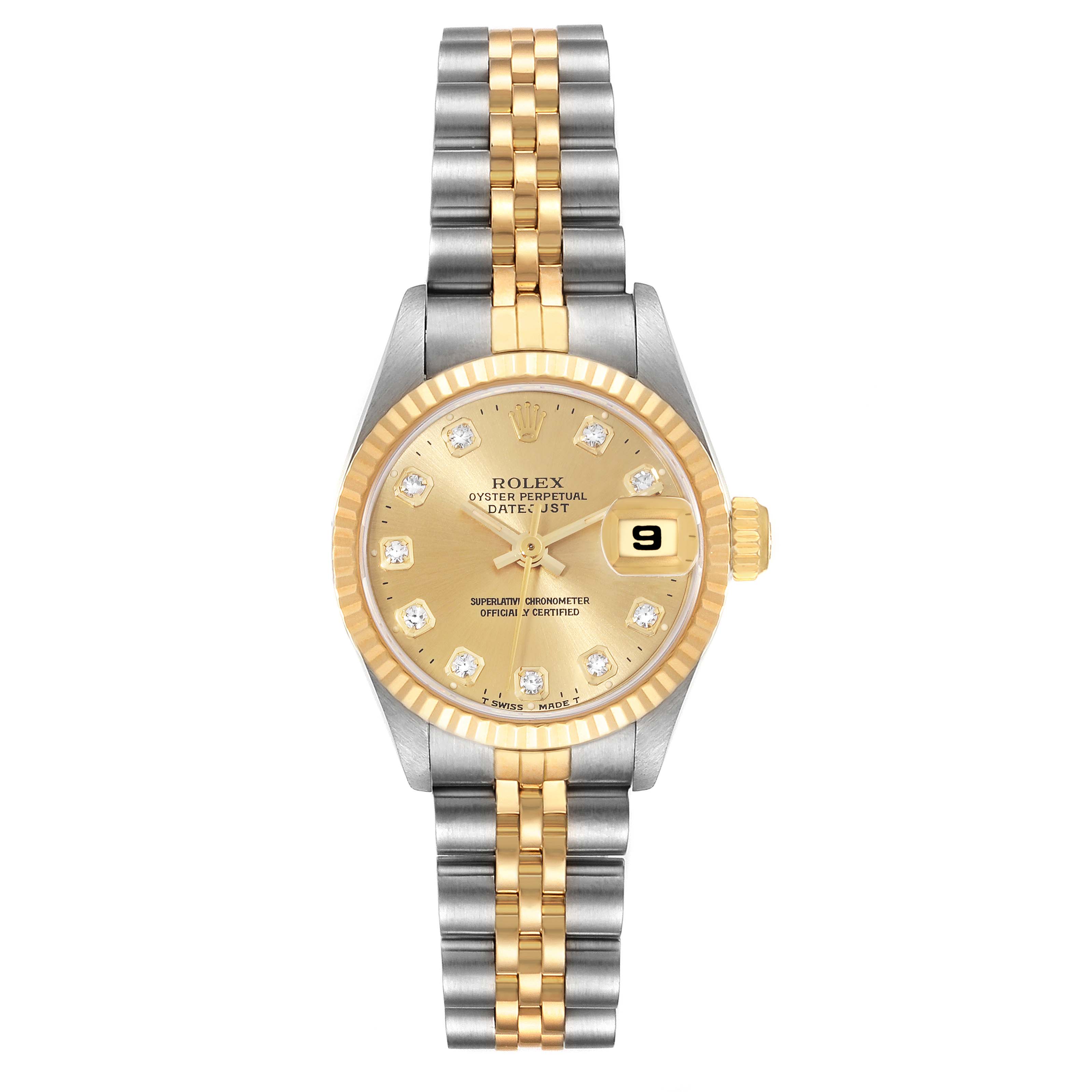 The Rolex Datejust 69173 Women's Steel and Gold (two tone) Champagne Dial 69173 Women's Steel and Gold (two tone) Champagne Dial watch is shown from a front angle, featuring a jubilee bracelet, fluted bezel, and a date window.