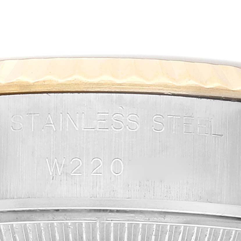 This close-up image of the Rolex Datejust 69173 Women's Steel and Gold (two tone) Champagne Dial 69173 Women's Steel and Gold (two tone) Champagne Dial shows the stainless steel engraving on the case back.