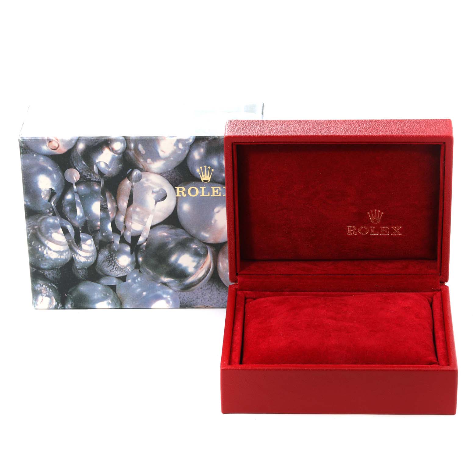 The image shows an open red Rolex Datejust 69173 Women's Steel and Gold (two tone) Champagne Dial 69173 Women's Steel and Gold (two tone) Champagne Dial watch box with a decorative outer box behind it.