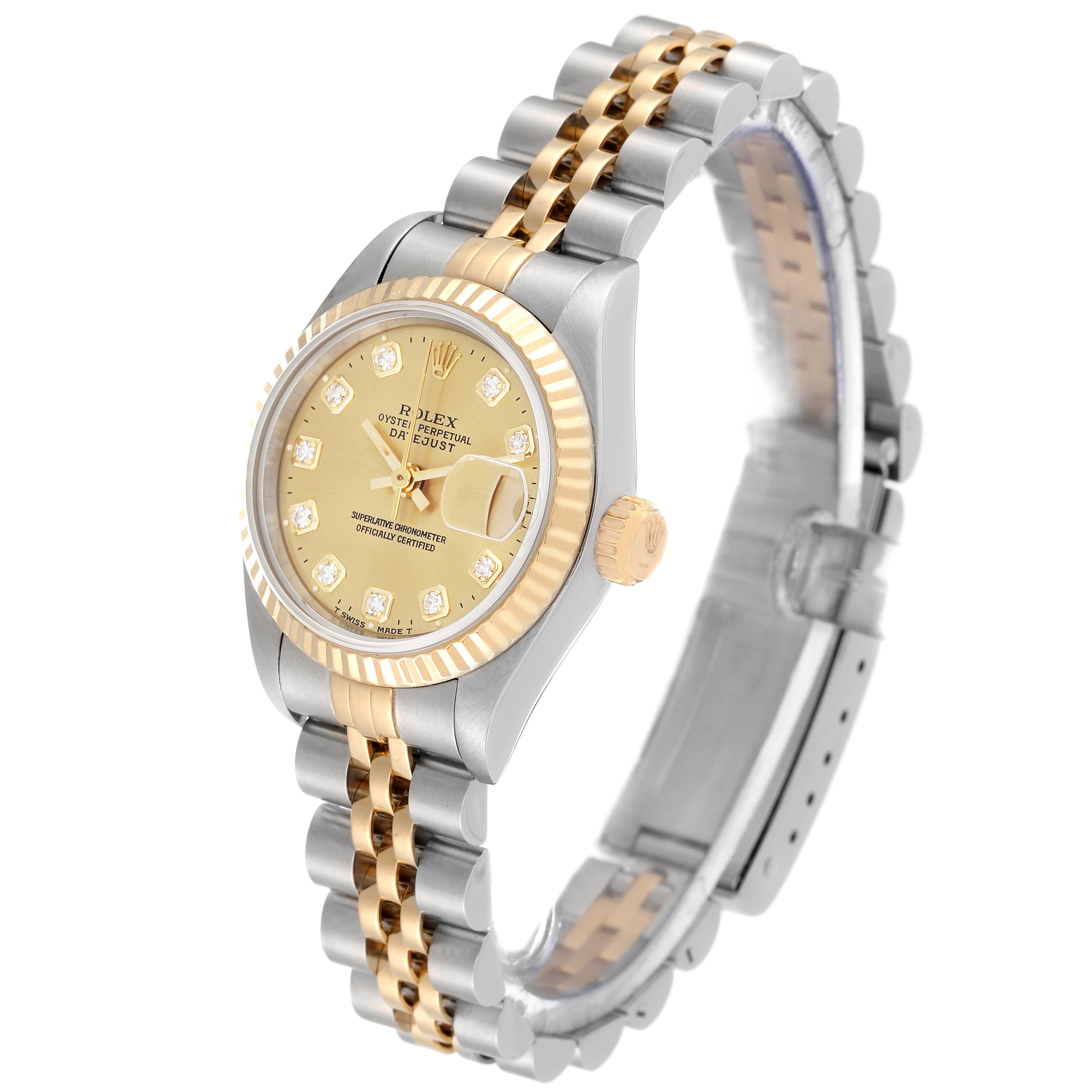The image shows a Rolex Datejust 69173 Women's Steel and Gold (two tone) Champagne Dial 69173 Women's Steel and Gold (two tone) Champagne Dial watch at a three-quarter angle, displaying its face, bezel, crown, and two-tone bracelet.