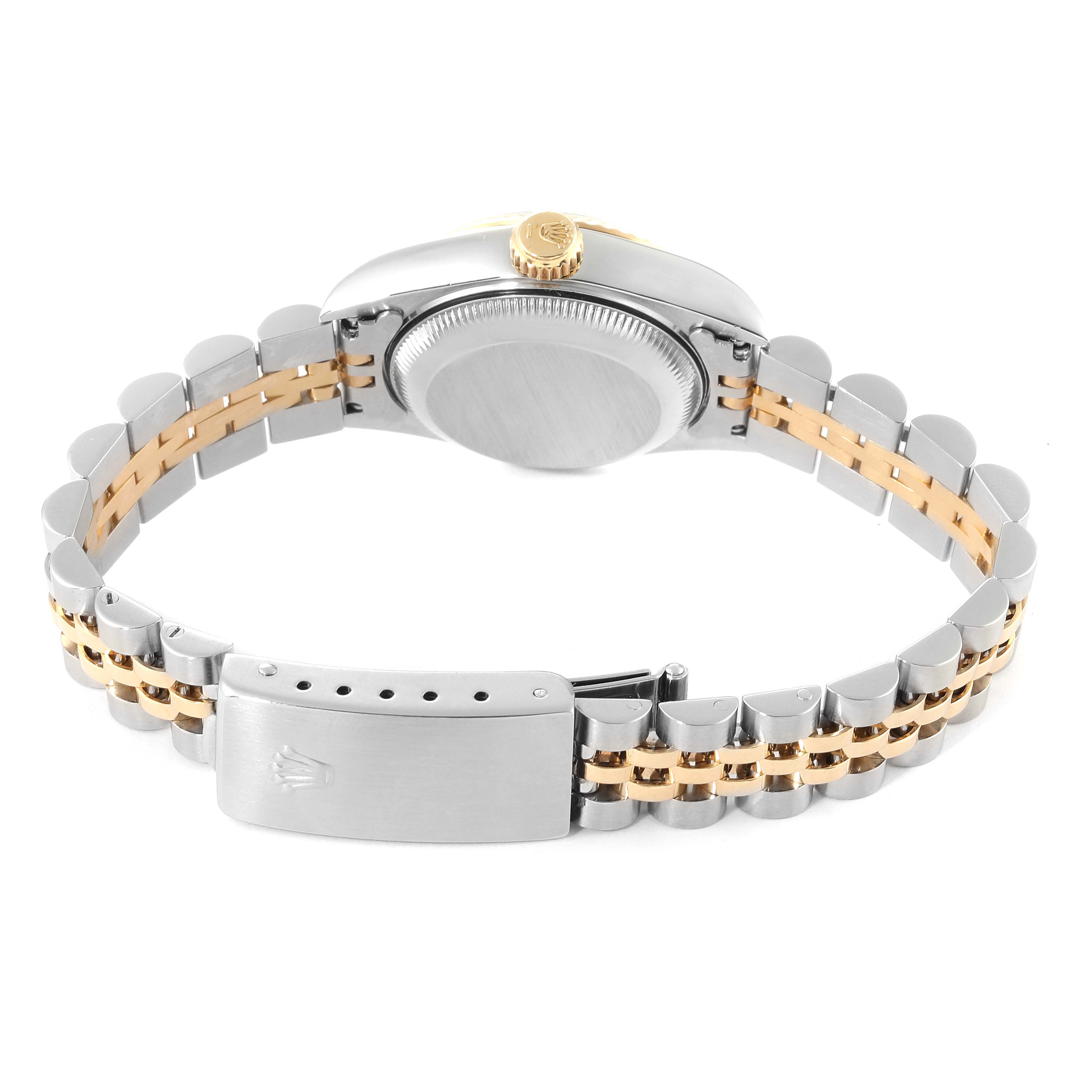 The image shows the back view of a Rolex Datejust 69173 Women's Steel and Gold (two tone) Champagne Dial 69173 Women's Steel and Gold (two tone) Champagne Dial watch, focusing on its two-tone bracelet and closed clasp.