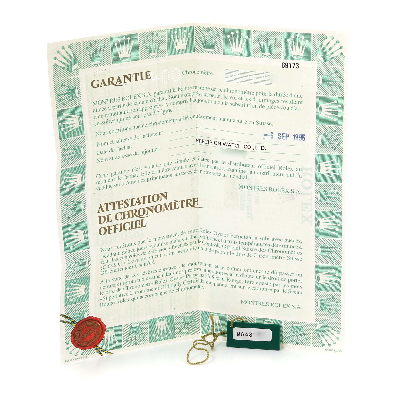 The image shows the warranty and official chronometer certification documents for a Rolex Datejust 69173 Women's Steel and Gold (two tone) Champagne Dial 69173 Women's Steel and Gold (two tone) Champagne Dial watch.