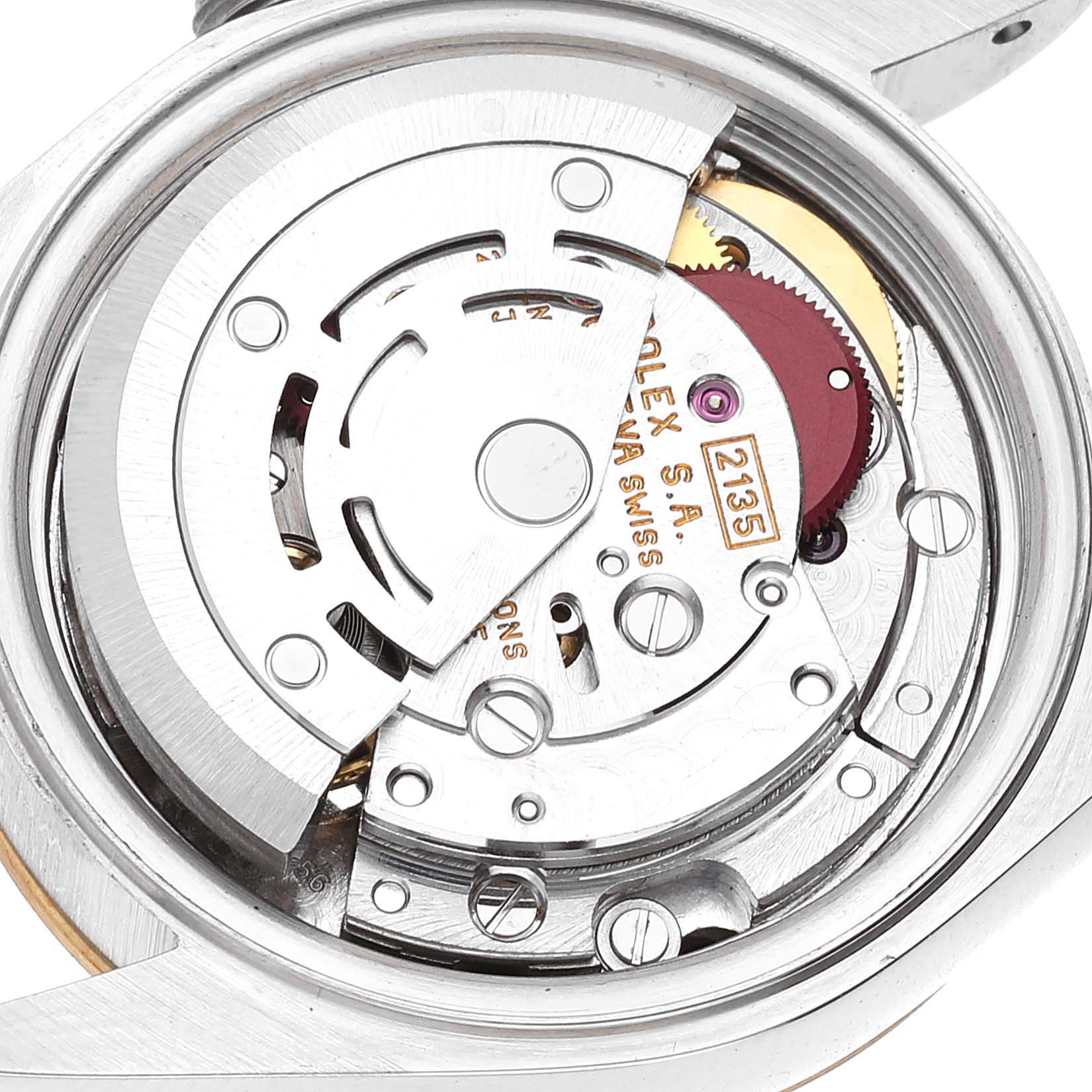 The image shows a close-up view of the movement inside a Rolex Datejust 69173 Women's Steel and Gold (two tone) Champagne Dial 69173 Women's Steel and Gold (two tone) Champagne Dial watch.